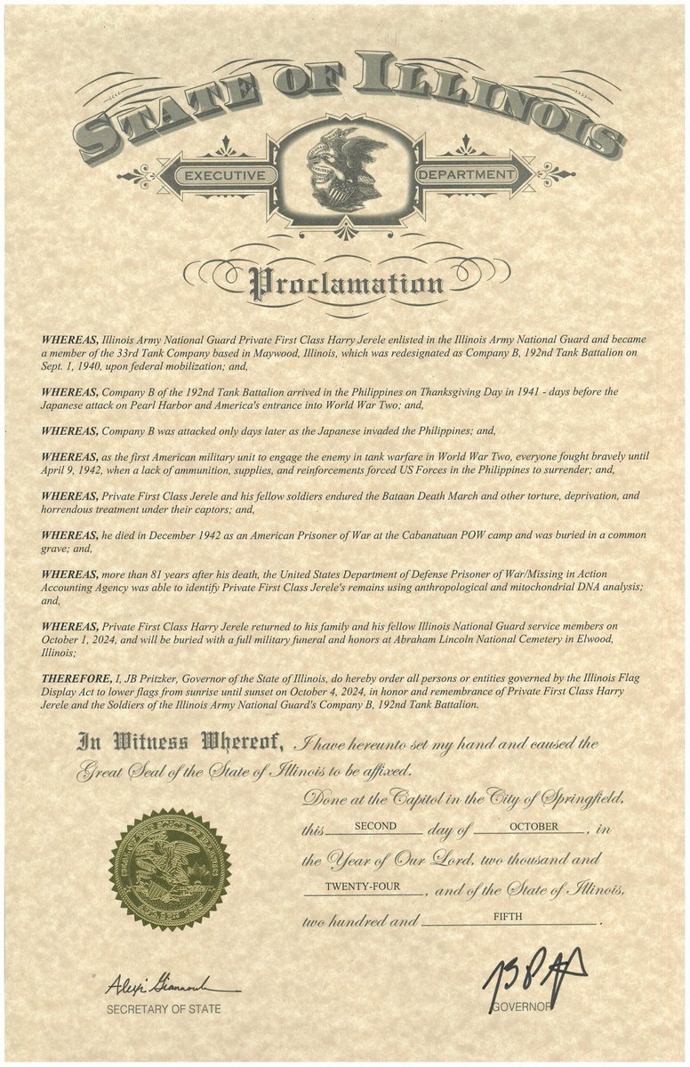 GovPritzker's tweet photo. Private First Class Jerele can now rest in peace at home.

A member of the 192nd Tank Battalion, the first US unit to engage in tank warfare during WWII, his remains were finally identified after 80 years.

In honor of his service, flags will be lowered today from dawn to dusk. https://t.co/9uNZVujerd