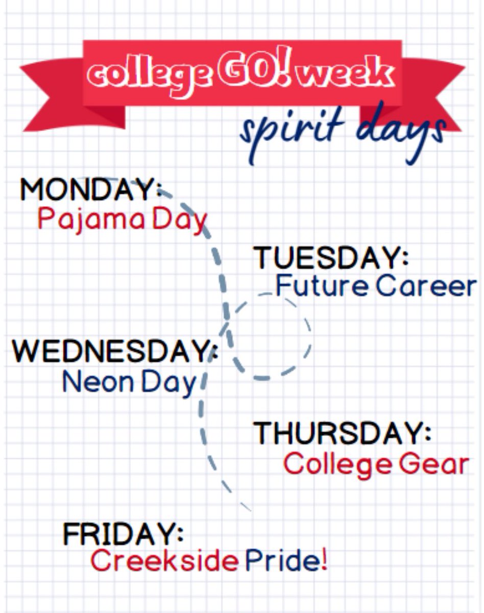 Creekside will celebrate College Go! Week October 14-18! Check out our spirit days for the week! <a href="/crmactivities/">Creekside Activities</a> <a href="/CreeksidePTO/">Creekside Middle School PTO</a> <a href="/Principal_CRM/">Steven Pelych</a>