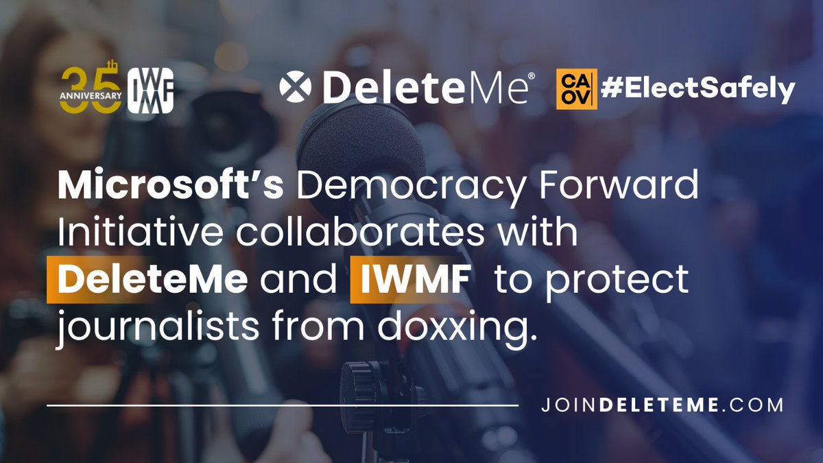 PEN America (@penamerica) on Twitter photo Big News! <a href="/IWMF/">International Women's Media Foundation</a> & <a href="/deleteme/">DeleteMe</a> are teaming up to protect women & nonbinary journalists from doxxing ahead of the 2024 U.S. elections. With support from <a href="/Microsoft/">Microsoft</a>’s Democracy Forward program, we’re working to #ElectSafely and keep personal info private🔒
🔗 bit.ly/IWMF_DeleteMe Big News! <a href="/IWMF/">International Women's Media Foundation</a> & <a href="/deleteme/">DeleteMe</a> are teaming up to protect women & nonbinary journalists from doxxing ahead of the 2024 U.S. elections. With support from <a href="/Microsoft/">Microsoft</a>’s Democracy Forward program, we’re working to #ElectSafely and keep personal info private🔒
🔗 bit.ly/IWMF_DeleteMe
