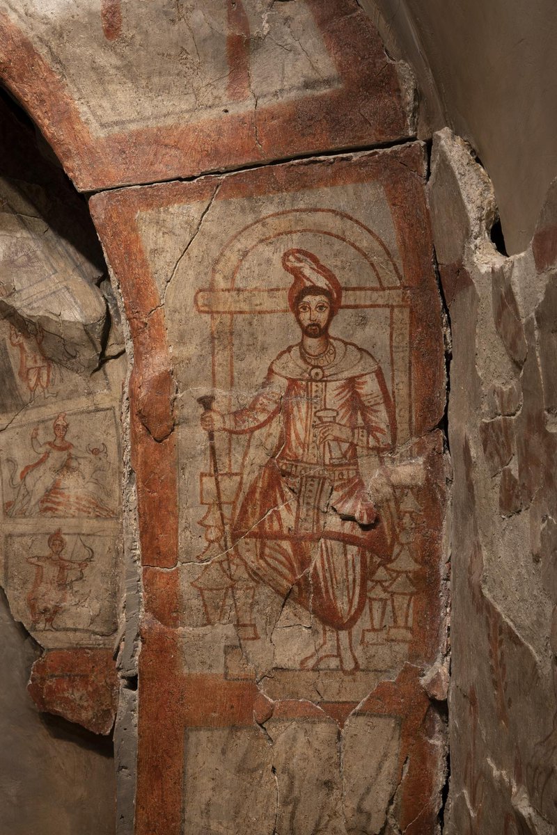 Painted walls from a shrine to the god Mithras- the Mithraeum - at Dura-Europos, Syria. Commissioned in 168–69 CE by Palmyrene archers serving in the Roman army. The cult of Mithras attained popularity amongst soldiers and merchants in the Roman period   #FrescoFriday