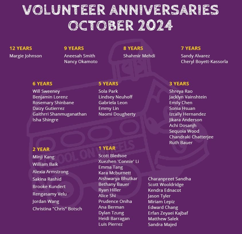 Congratulations to our October volunteer anniversaries! Thank you for everything that you do. If you are celebrating an anniversary with us this October, let us know your favorite part about volunteering with School on Wheels. 💛 💜