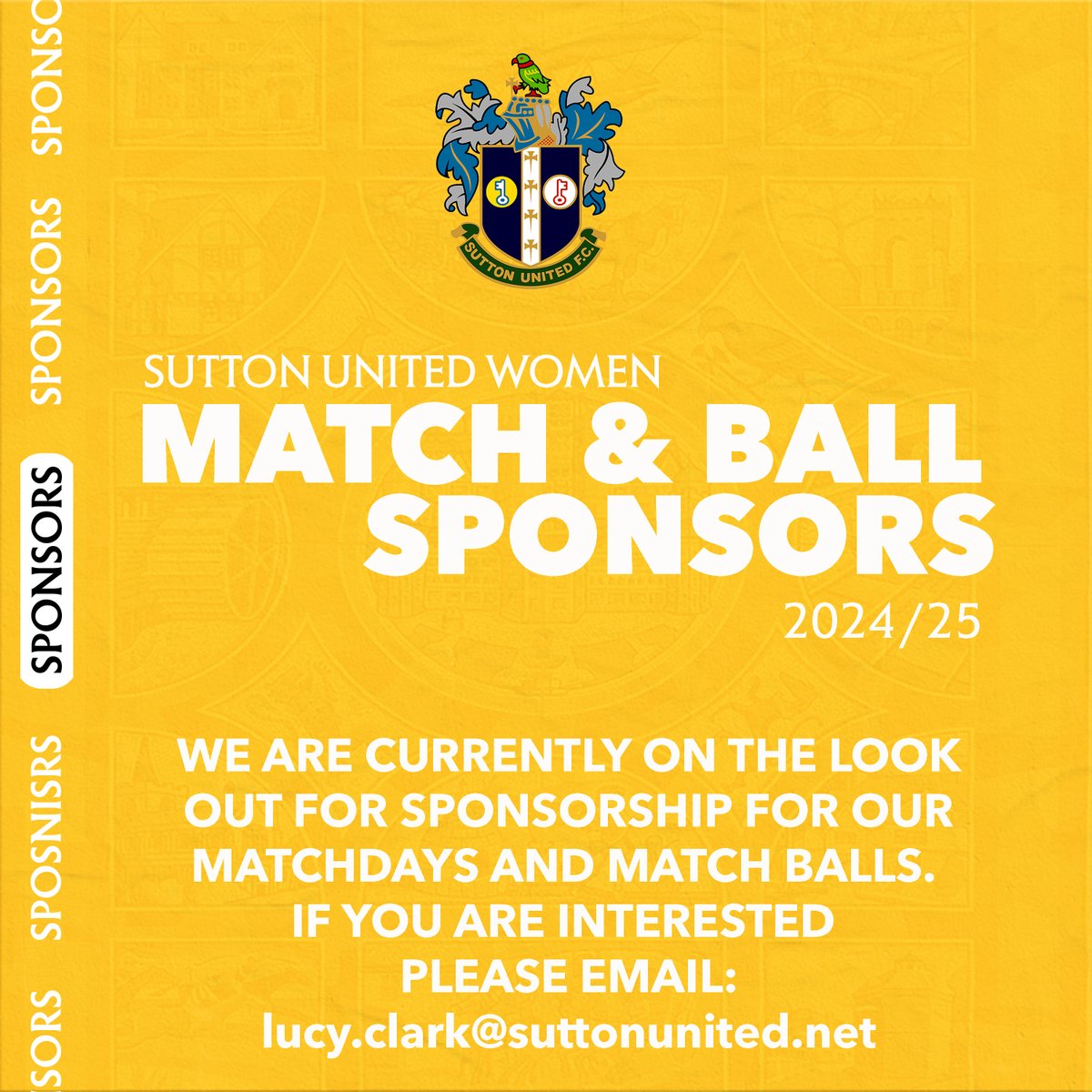 🚨 SPONSORSHIP OPPORTUNITY

🔍 We are on the look out for sponsors for our Matchday's and Match Balls.

📩 If you are interested in supporting the team please email Manager Lucy Clark at the email address provided.

#SuttonUtdWomen #AmberArmy