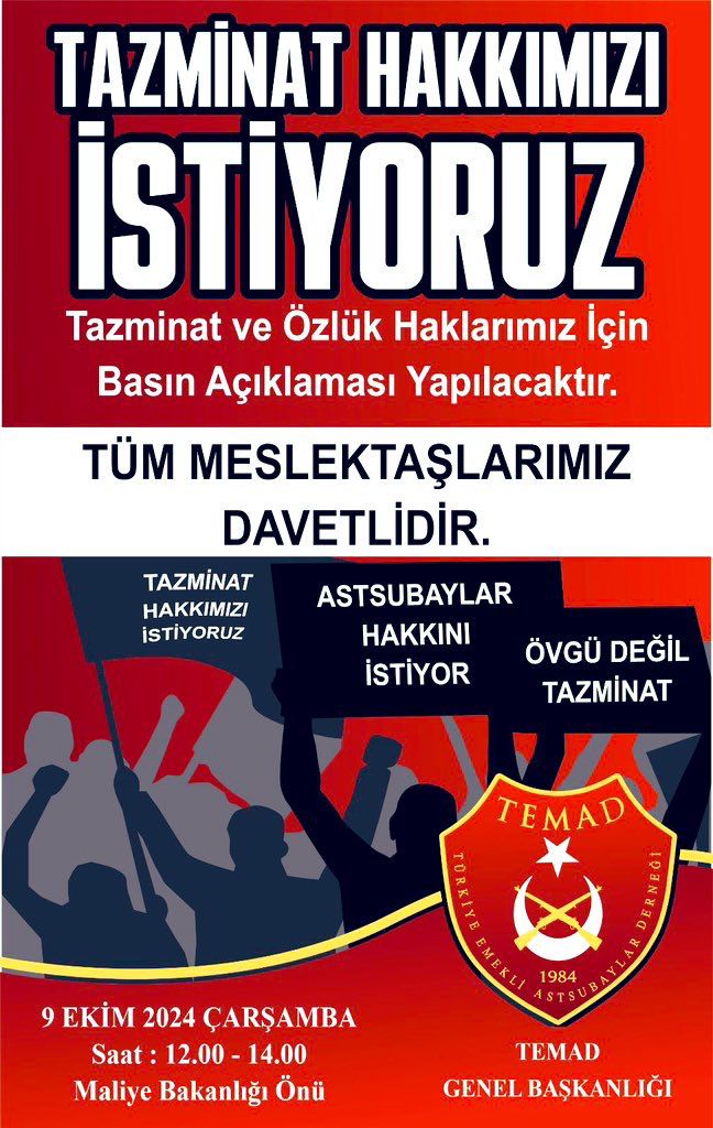 Ankarada yaşayan Meslektaşlarım Gasp edilen Tazminat hakkımızın talebi için 9 Ekim Çarşamba günü Maliye Bakanlığının önünde haykırmaya ne dersiniz!!!.....
işte fırsat önünüze geldi <a href="/temadankara/">TEMAD Genel Başkanlığı</a> yapacağı basın açıklamasına katılın herkes Maliye Bakanlığının önüne gitsin...