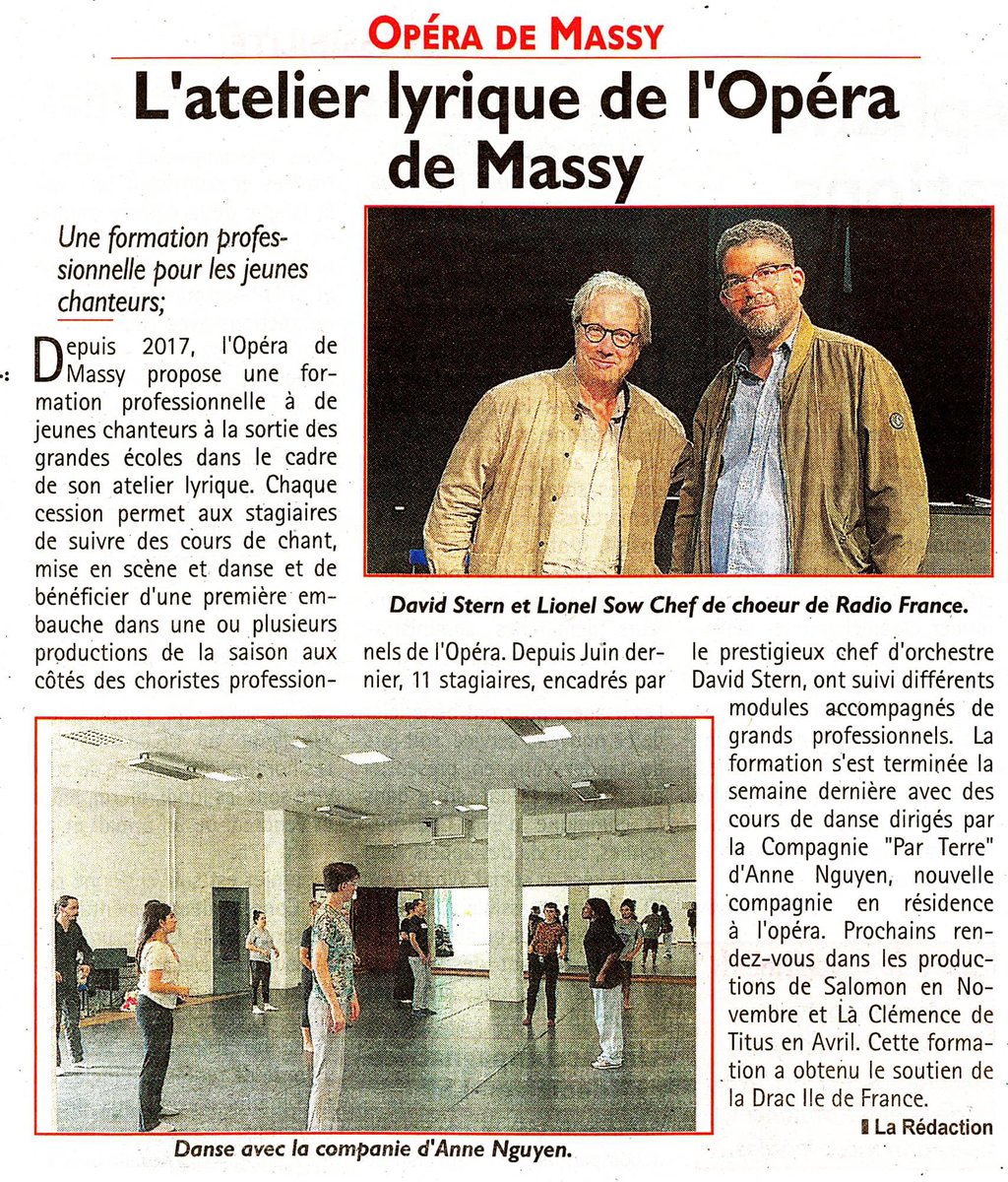 [PRESSE] Merci <a href="/LeRep91/">Le Rép 91</a> pour cet article sur la session 2024 de L'Atelier Lyrique, la formation professionnelle d'artistes de chœur.Les jeunes chanteurs sont encadrés par nos compagnies en résidence Opera Fuoco - David Stern et Anne Nguyen / Compagnie par Terre
Avec le soutien de