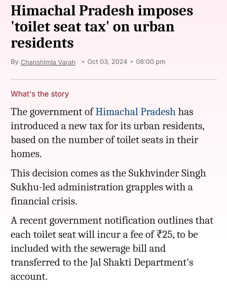 Offensive_guy1's tweet image. What the hell toilet seat tax 😂😂
Next they will come to your house measure the weight of shit and put tax on that shit😂😂
These clowns give free everything, then put tax on whatever comes to their mind.
#ToiletSeatTax #ToiletSeatTaxHimachalPradesh #WorldFirstTax
