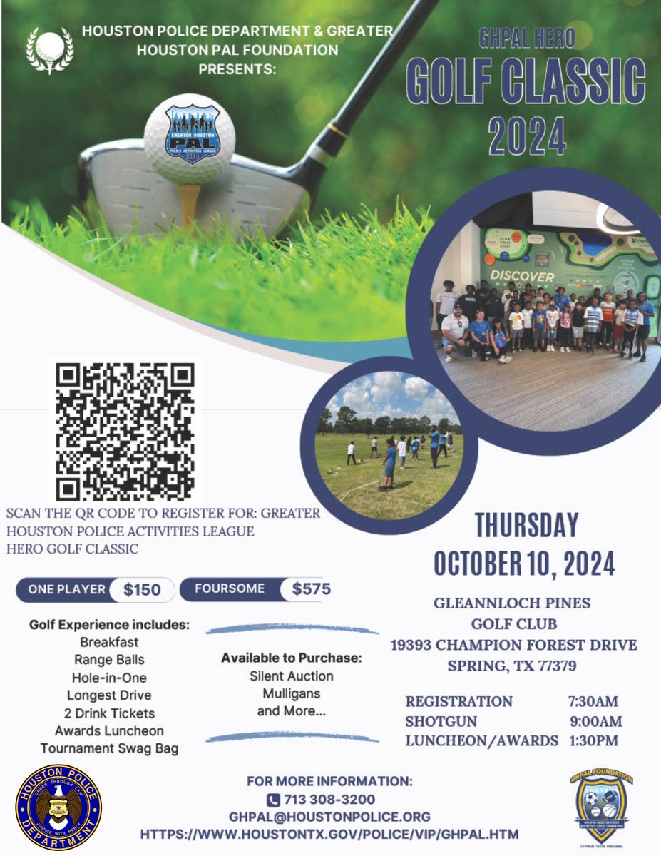 Take a 🏌️🏌️‍♀️ for a good cause. 

HPD's Greater Houston Police Activities League (GHPAL) is hosting the first ever Hero Golf Classic next Thursday (Oct. 10) to raise money for more positive interactions between police officers &amp; Houston's youth. 

Scan the QR code to register.