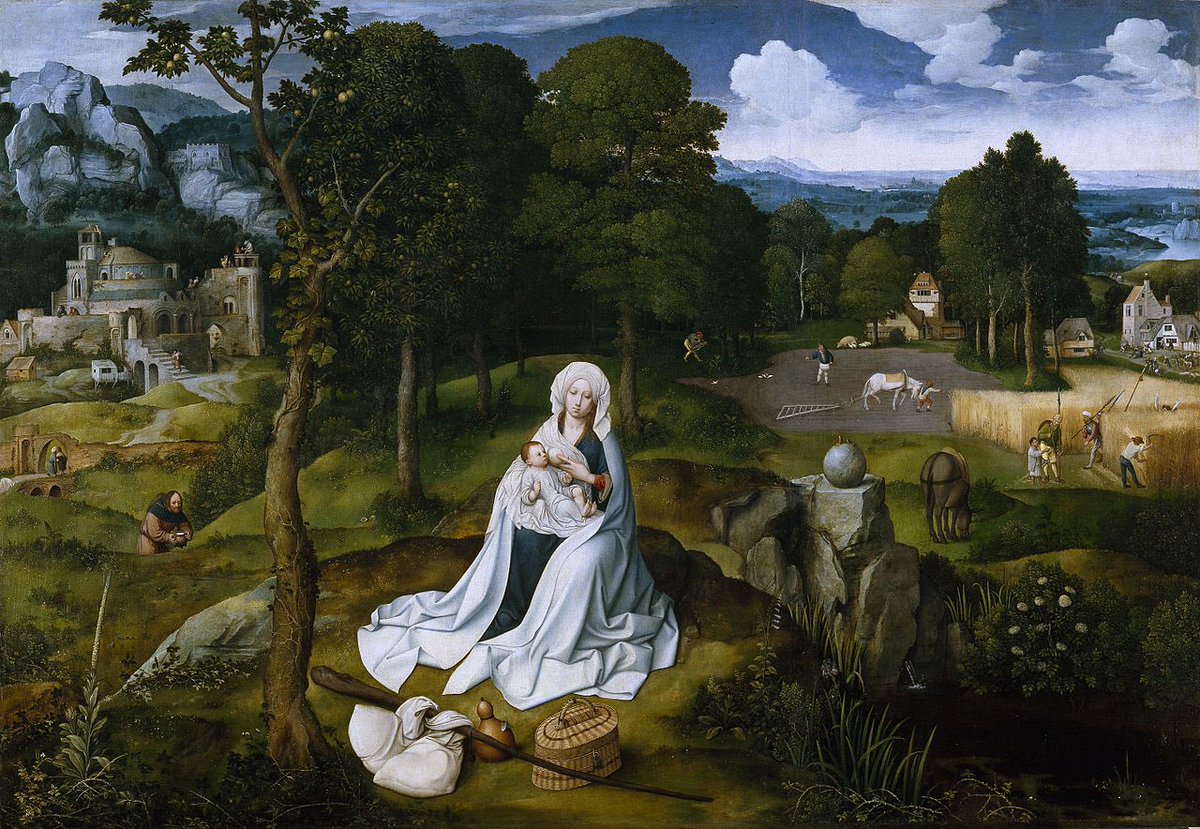 Pensive Mary quietly rests and feeds her baby on the way to Egypt, before a completely amazing landscape that includes lots of thwarted idolatry &amp; miracles! By Joachim Patinir of Antwerp, whose day is today.