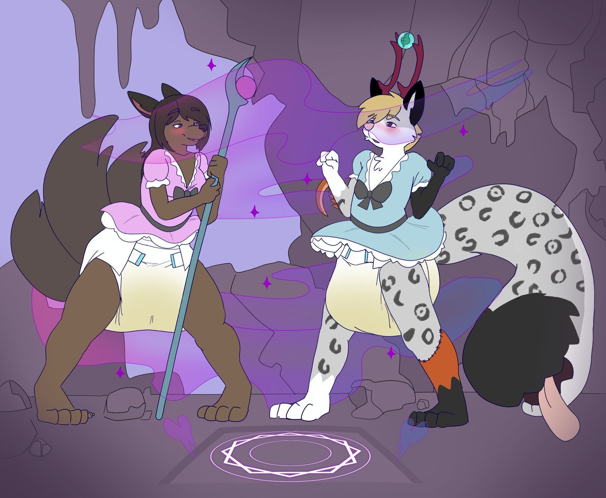 Hazel and her friend stumbled upon a peculiar trap while treasure hunting. seems like it's affecting their clothing too. What type of villain put that here ? 🤔

Art by <a href="/raddums/">raddums.bsky.social 🦎🇦🇷</a>
#abdl #abdlart