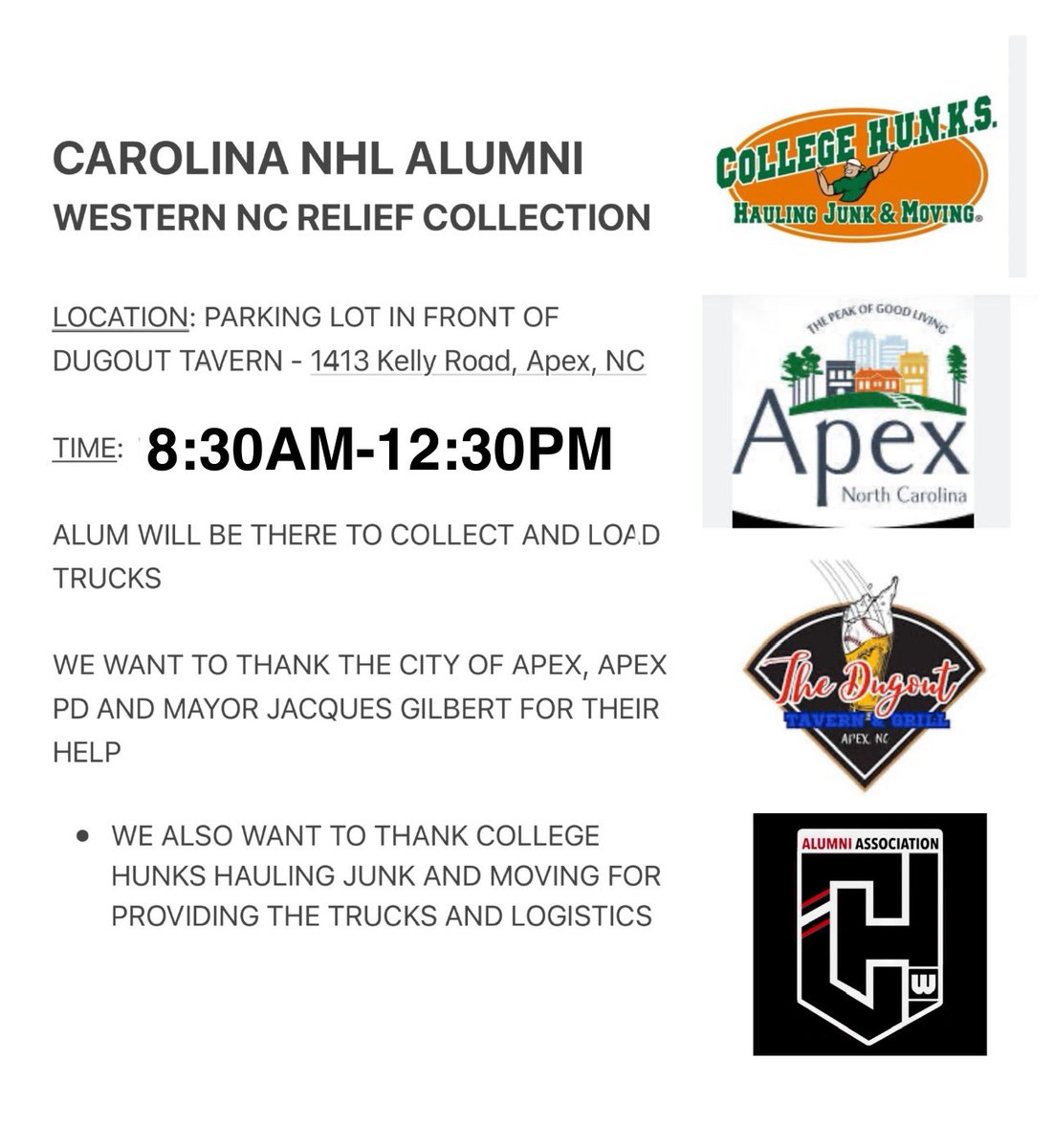 We are coming back TOMORROW! Confirmed Patrick Eaves, Cam Ward, Tim Brent, Aaron Ward and Steve Rice will be there in Apex, NC to collect all of your donations for Western NC Relief. <a href="/ABC11_WTVD/">ABC11 EyewitnessNews</a> <a href="/CollegeHunks/">College HUNKS Hauling Junk & Moving (World HQ)</a> <a href="/MayorJacques/">MayorJacquesGilbert</a> <a href="/NHLAlumni/">NHL Alumni</a> See you Saturday outside The Dugout Tavern.