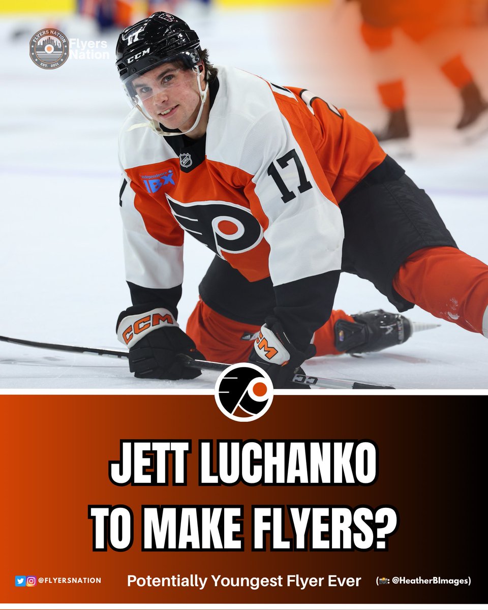 FlyersNation's tweet photo. Jett Luchanko looks set to become the youngest player in franchise history 👀

Luchanko will likely make the opening night roster after the #Flyers trimmed 14 players today (Lycksell, Richard waived).

He’ll be 18 years old (1 month, 20 days) on opening night in Vancouver. https://t.co/3tGabkMBIK