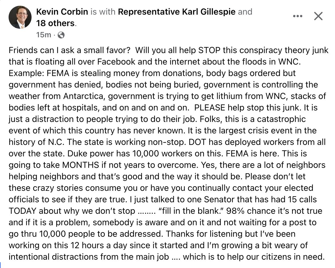A plea from a Republican State Senator in Western NC to stop the spread of misinformation related to #HurricaneHelene.