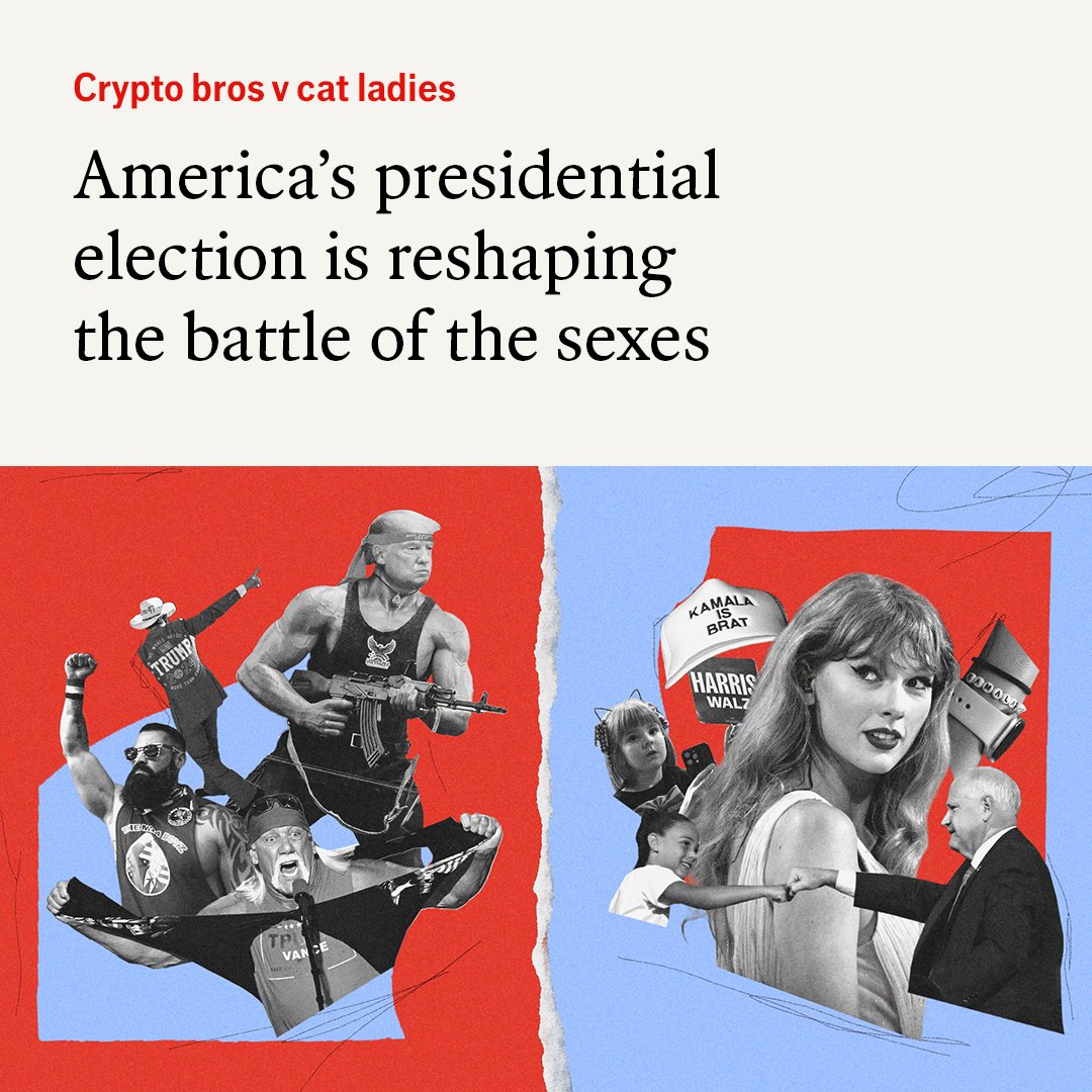 Kamala Harris is downplaying her sex, though at times reinforcing traditional gender roles. Meanwhile Donald Trump has doubled down on projecting masculinity econ.st/3zHp2ir 

Illustration: Alicia Tatone