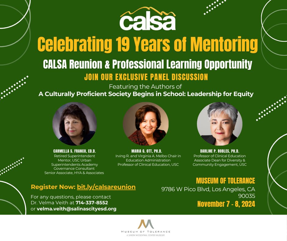 🌟 Join us at the Museum of Tolerance! 🌟 Open to ALL, not just past/current mentoring participants. 
📅 Nov 7-8, 2024 🎟 Capacity: 100 ✈️ Flights/hotel for 1st 45 registrants! 🚗 Local participants get mileage.

Register now: bit.ly/calsareunion
#CALSAFamilia #Leadership