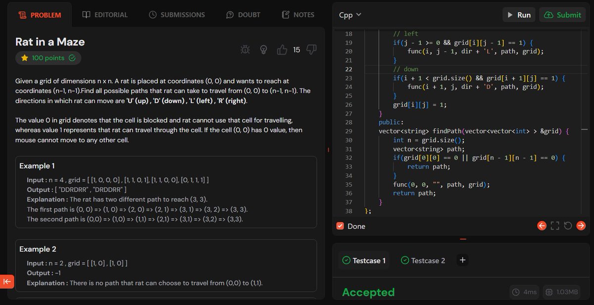 akshkumart's tweet image. Day 138:
TUF+ Q. Rat in a Maze (using recursion)

#200daysofcodechallenge #connect