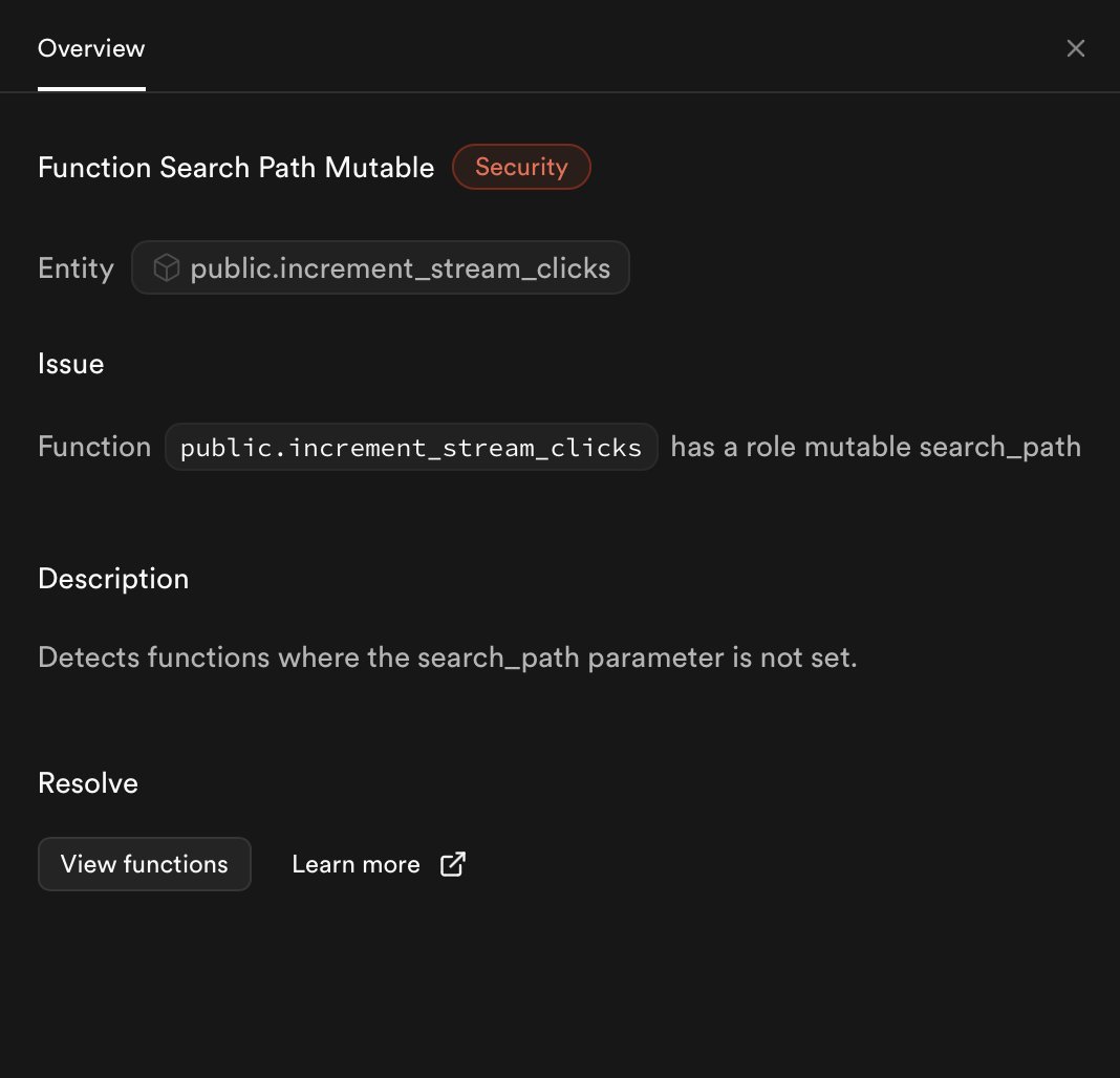 rchrdnsh's tweet image. Hey @jonmeyers_io, getting these warnings in supabase, but I don't know how to fix them:
check the pics for the error and the function I want to fix, but don't understand how...I read the docs and tried GPT but could not figure it out...😔