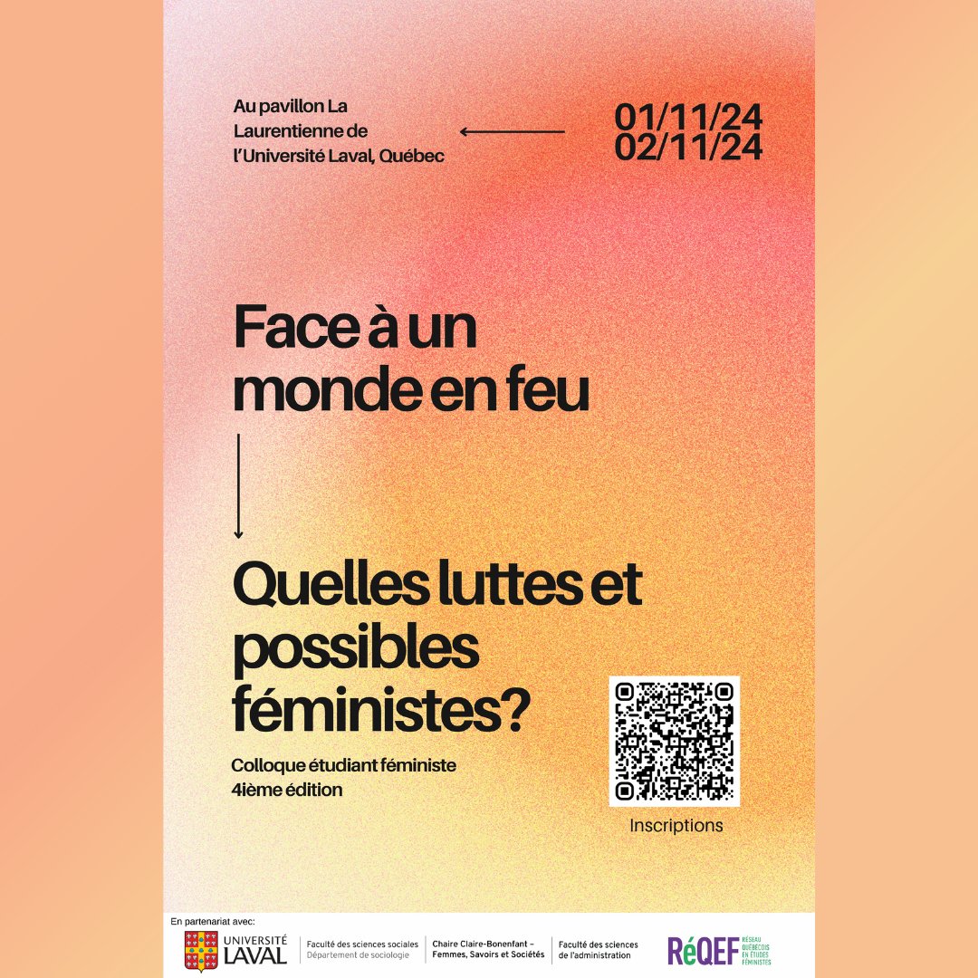 crilcq's tweet photo. ✊[COLLOQUE] La Chaire Claire-Bonenfant organise le colloque « Face à un monde en feu, quelles luttes et possibles féministes? ».

📅 1er et 2 novembre
📍 @universitelaval

Inscription obligatoire

Infos 👇
https://t.co/n7EppAUb7P

#CommunautéFRQ #feminisme #CultureQc https://t.co/QDssRAFcXv