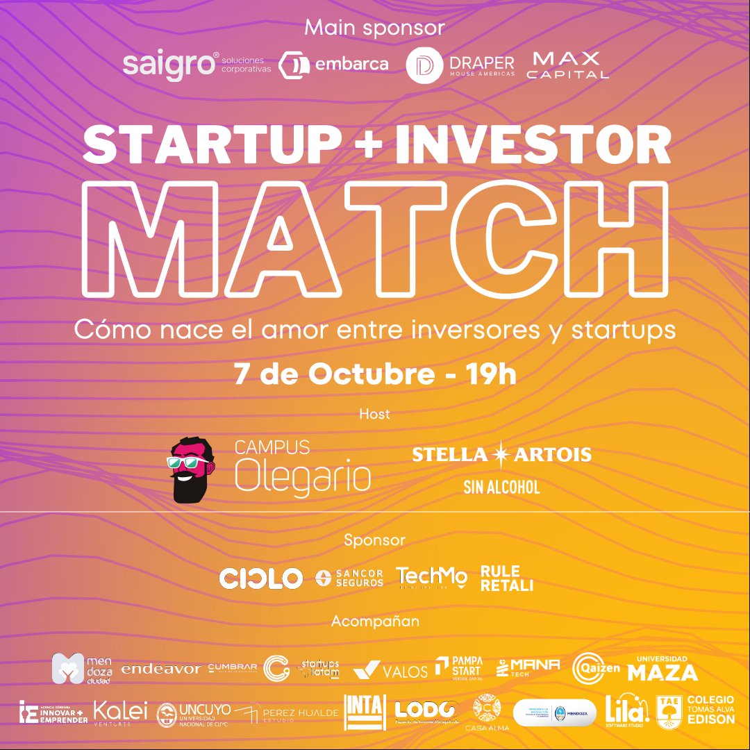 🚀 CUYO TECH WEEK llega a Mendoza

Startup + Investor match, compartiremos las experiencias de 4 empresas y 4 startups que se asociaron para potenciarse

🎶🍻Evento de networking con DJ en vivo y cervezas de nuestro sponsor Stella Artois

🔗Regístrate: lu.ma/yr2375js