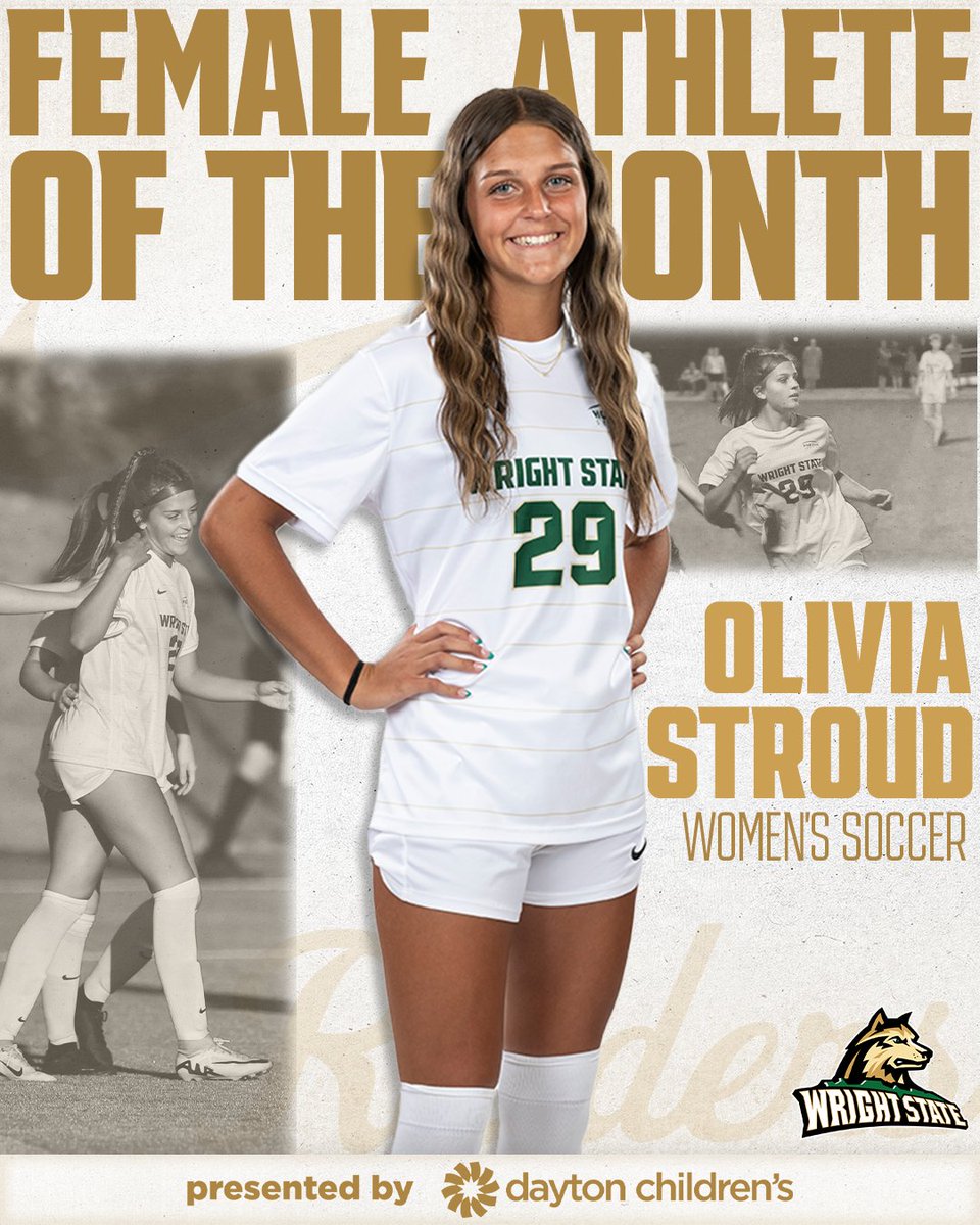 Congratulations to Olivia Stroud of <a href="/WSU_wSoccer/">Wright State Women's Soccer</a> on being named Wright State's September Female Athlete of the Month, presented by Dayton Children's Hospital's the Center for the Female Athlete!

#RaiderUp | #RaiderFamily