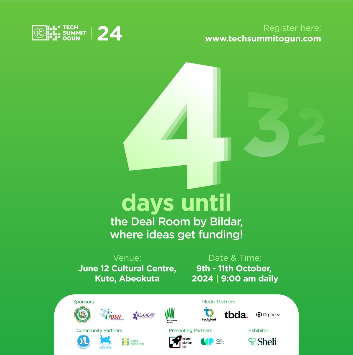 TechSummitOgun's tweet photo. 4 days to #TSO24!!
At #TechSummitOgun 24, you'll experience The Deal Room by @thebildar, where innovative ideas meet funding opportunities.
Register to attend or showcase your startup at the #DealRoom here: https://t.co/6NWMx4xuBT.
Don't miss out on this!
#AgeofDisruption https://t.co/d0jGiYIkMZ