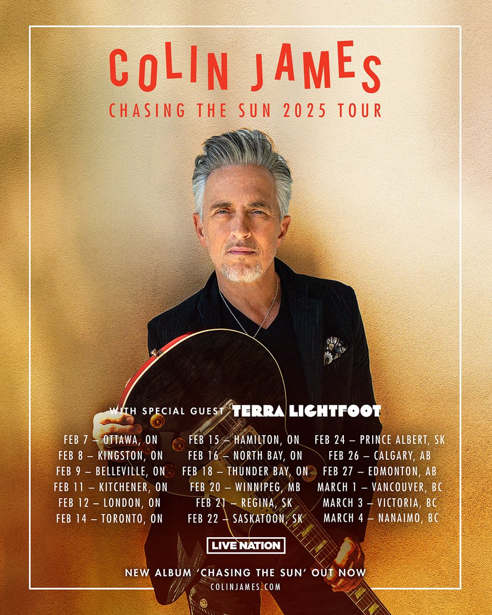 Colin James (@colinjamesmusic) on Twitter photo Tickets are ON SALE NOW for the Chasing The Sun 2025 Canadian Tour! Check out colinjames.com/tour for tickets. We can’t wait to see you Canada! 🎸
#colinjames #chasingthesun #chasingthesuntour Tickets are ON SALE NOW for the Chasing The Sun 2025 Canadian Tour! Check out colinjames.com/tour for tickets. We can’t wait to see you Canada! 🎸
#colinjames #chasingthesun #chasingthesuntour