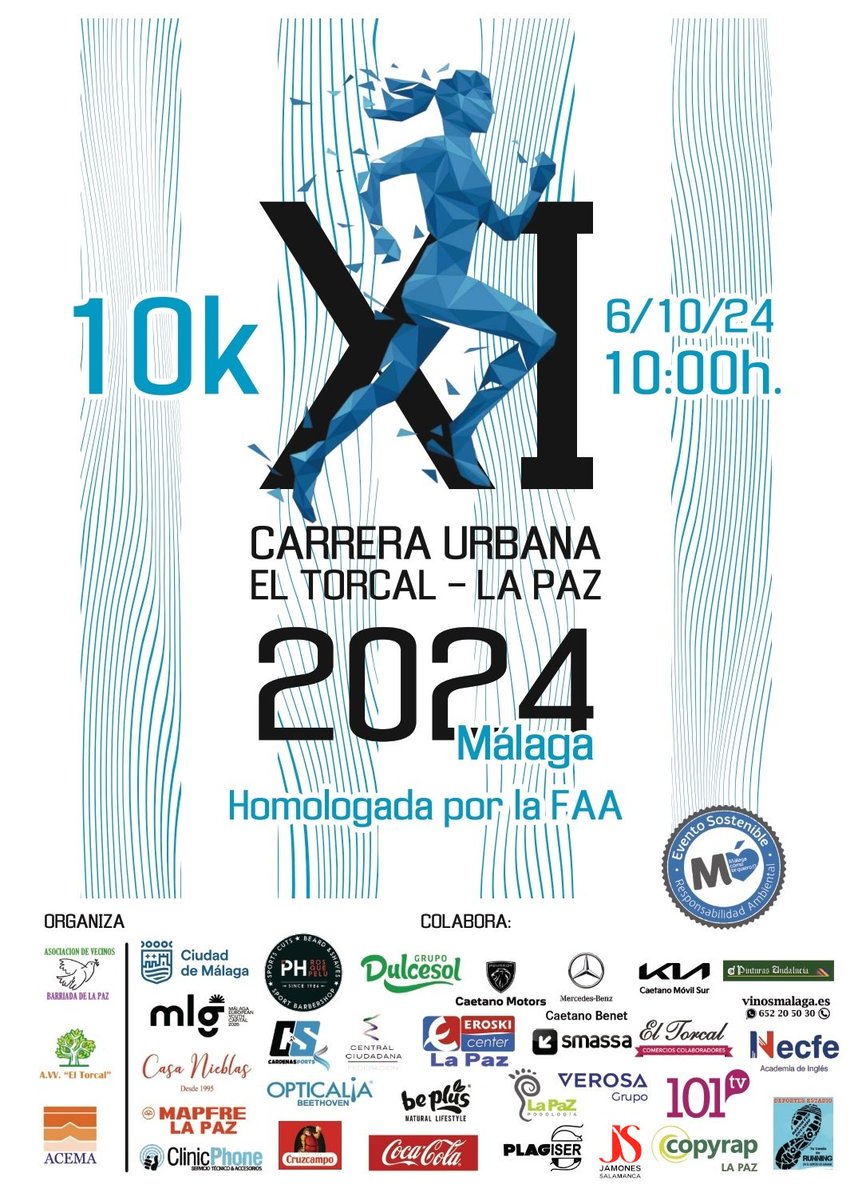 🏃‍♂️ ¡Llega la XI Carrera Urbana El Torcal - La Paz 2024!🏃‍♀️

📅06 de octubre.
👟10 km.
🕒 10:00 h.

#EventoSostenible, con compromiso hacia el medio ambiente ♻️ ¡Participa y corre por una causa que cuida #Málaga!

#CarreraUrbana2024 #ElTorcalLaPaz #DeporteSostenible #Carrera