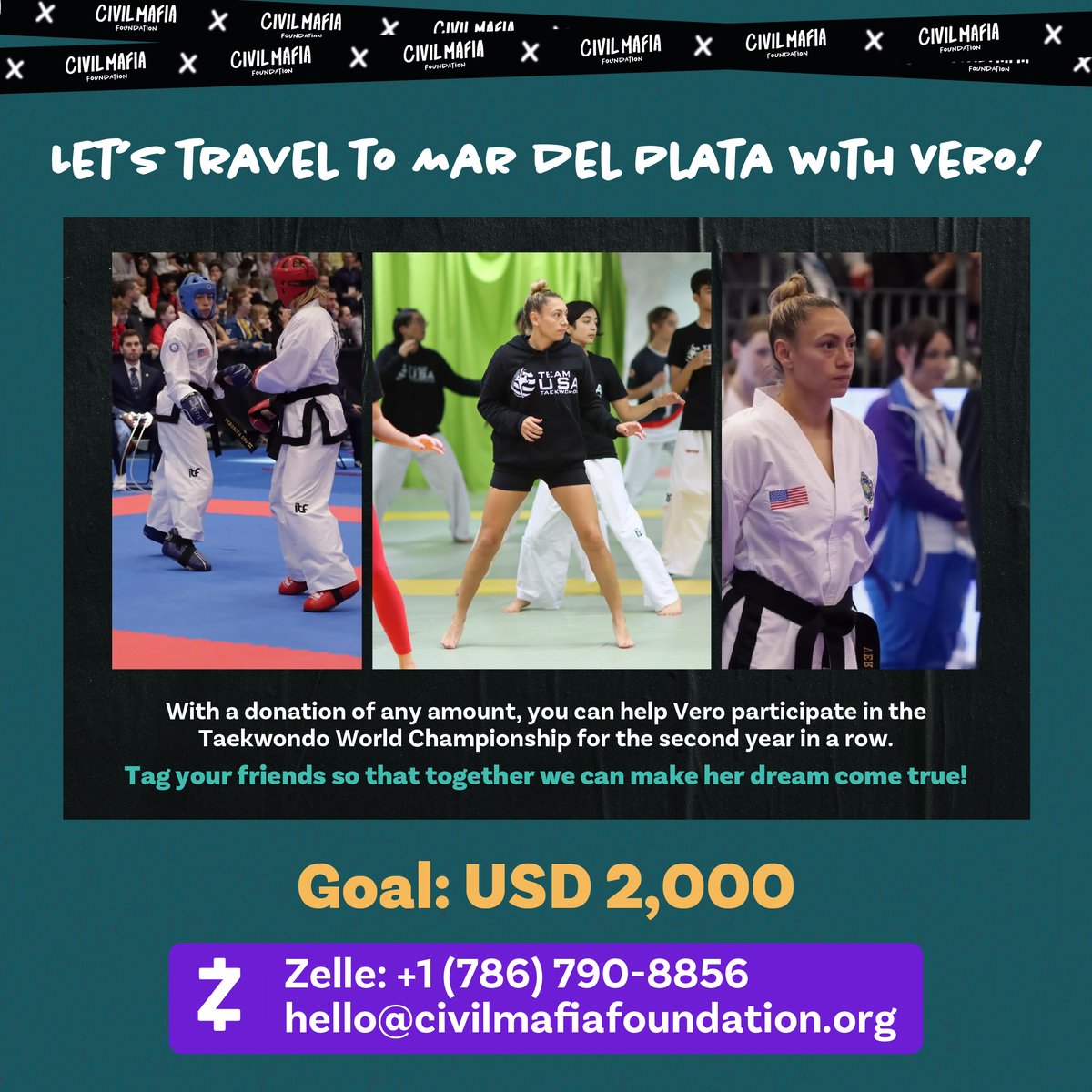 At our foundation, we’re joining the challenge: Let’s travel to Mar del Plata with Vero Oro!
We’re raising $2,000 until October 20th to help her compete for the second year in a row in the #TaekwondoWorldChampionship. Every contribution counts! Are you in?

#supportathletes