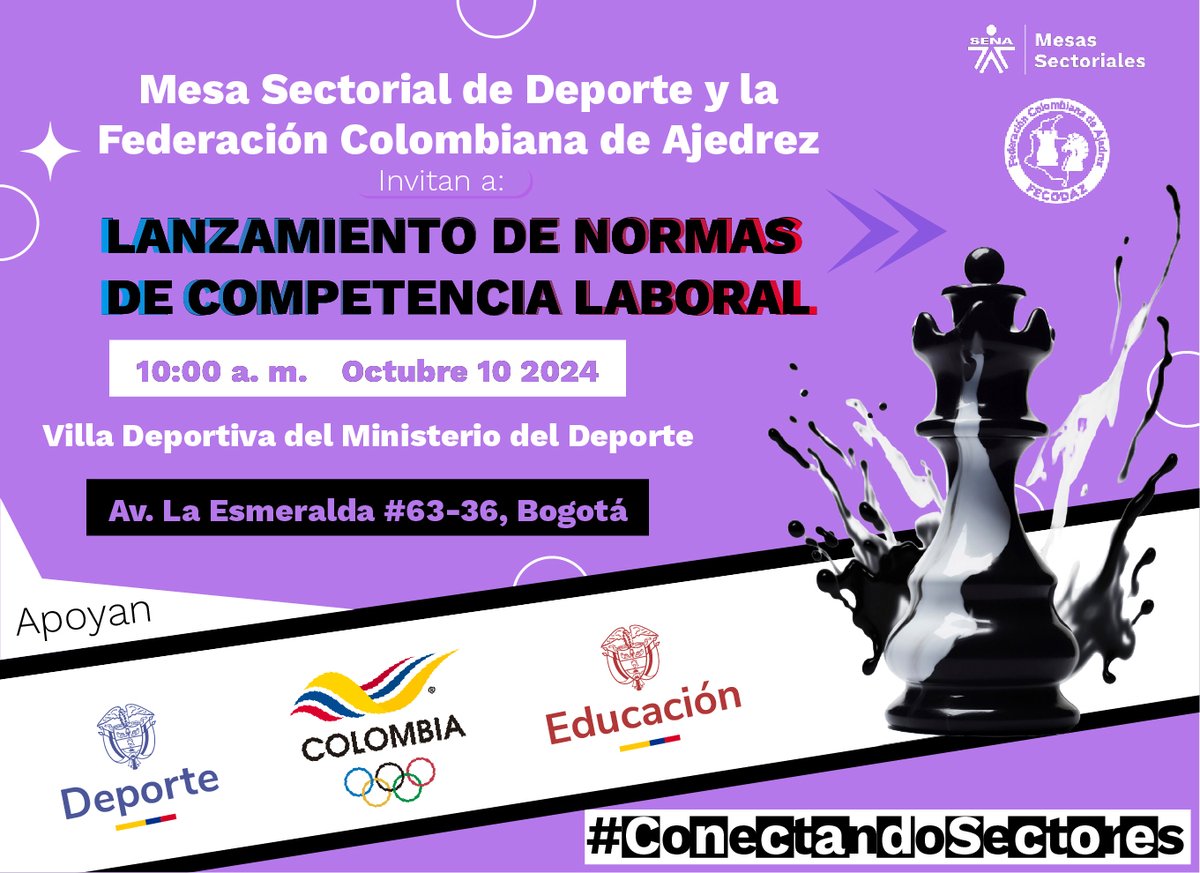 SENAenBolivar's tweet photo. Este 10 de octubre, acompáñanos en el lanzamiento oficial de las Normas de Competencia Laboral en Ajedrez ♟️ Un evento que marca un antes y un después para entrenadores, jugadores y organizadores en Colombia. 🕒: 10:00 am Conéctate:  https://t.co/QyVHR4zXR1 #ConectandoSectores https://t.co/pgWbQ2QCXZ