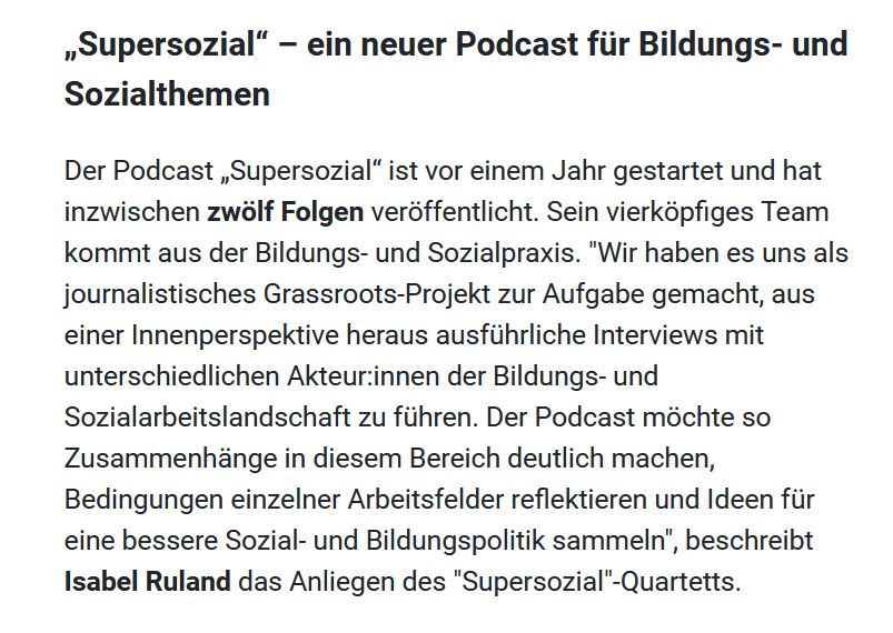 <a href="/Jojo11MC/">Jojo.11MC</a> <a href="/supersozial/">Supersozial Podcast</a> Wozu <a href="/Supersozial/">Supersozial Podcast</a>?
"Wir haben es uns als journalistisches Grassroots-Projekt zur Aufgabe gemacht, aus einer Innenperspektive heraus ausführliche Interviews mit unterschiedlichen Akteur:innen der Bildungs- &amp; Sozialarbeitslandschaft zu führen", erklärt <a href="/IsabelRuland/">Isabel Ruland 📯 | @isabelruland@nrw.social</a> fürs Team.
8/