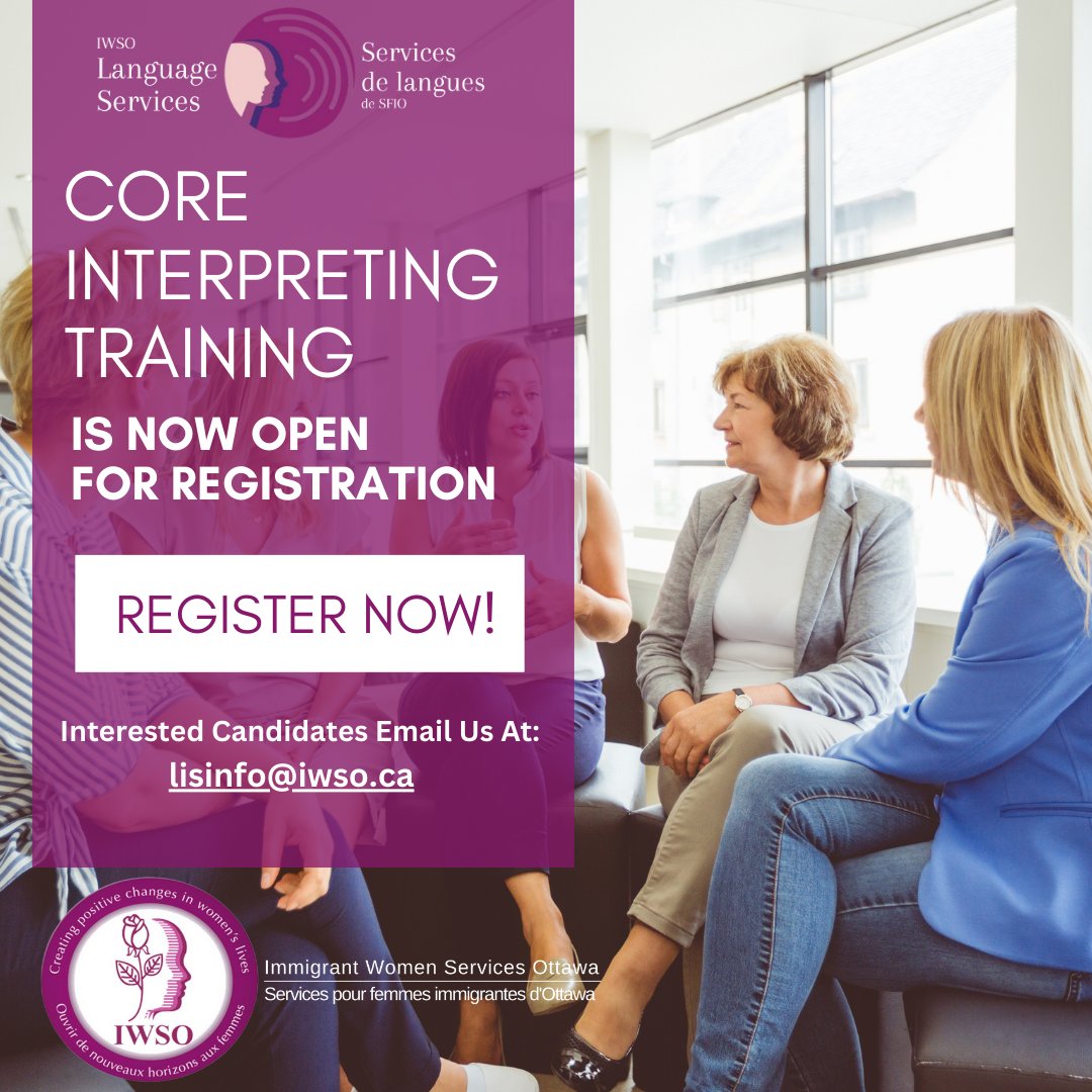 Registration Now Open for Core Interpreter Training! 🌟

💻 Mode: Virtual
💼 Payment plans available
⌛  Deadline: 30th October
 
Interested candidates can reach out to us at lisinfo@iwso.ca for more information or to secure your spot.