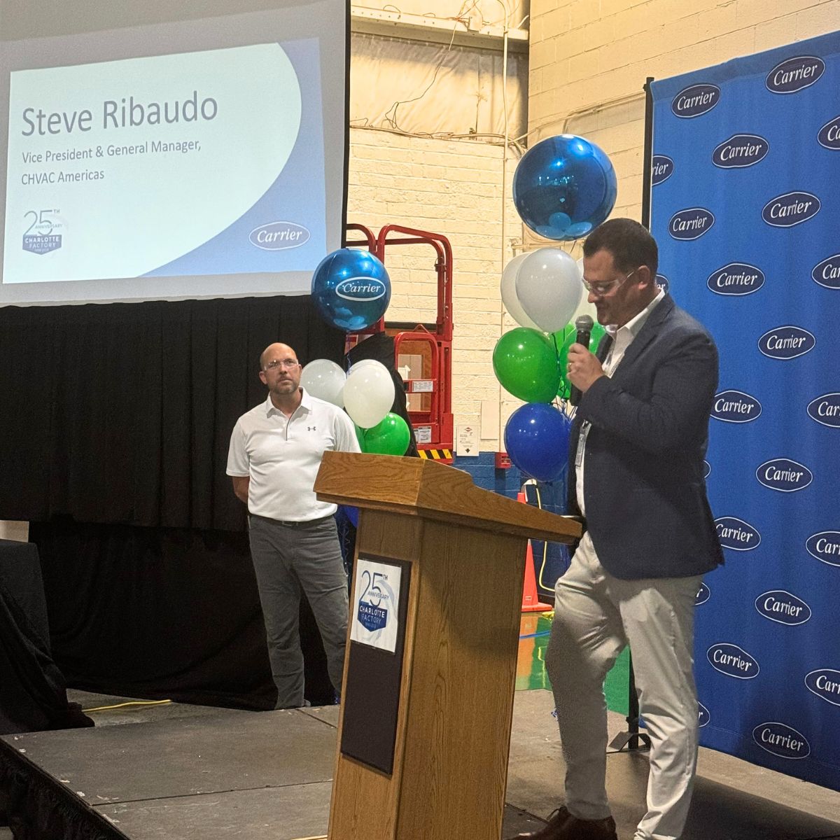 NCChamber's tweet image. NC Chamber President and CEO @GSalamido is in Charlotte today speaking at @carrier&apos;s 25th anniversary celebration. Carrier&apos;s Centrifugal Chillers were a finalist in this year&apos;s #CoolestThingMadeinNC contest and we are proud to celebrate with them on #MFGDay24!