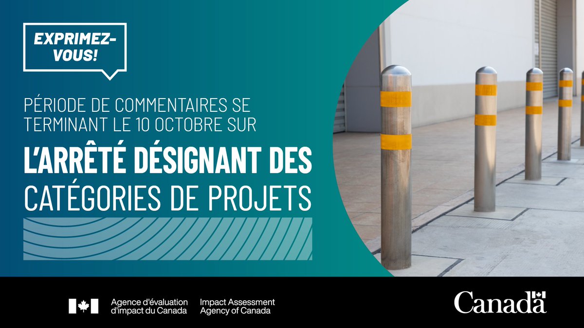 aeic_iaac's tweet image. Plus que 6 jours pour commenter sur les modifications proposées aux types de projets qui présentent si peu de risques qu’un examen de leurs effets environnementaux n’est pas nécessaire.

#ExprimezVous sur l’arrêté ministériel d’exclusion d’ici le 10 oct!👉 canada.ca/fr/agence-eval…