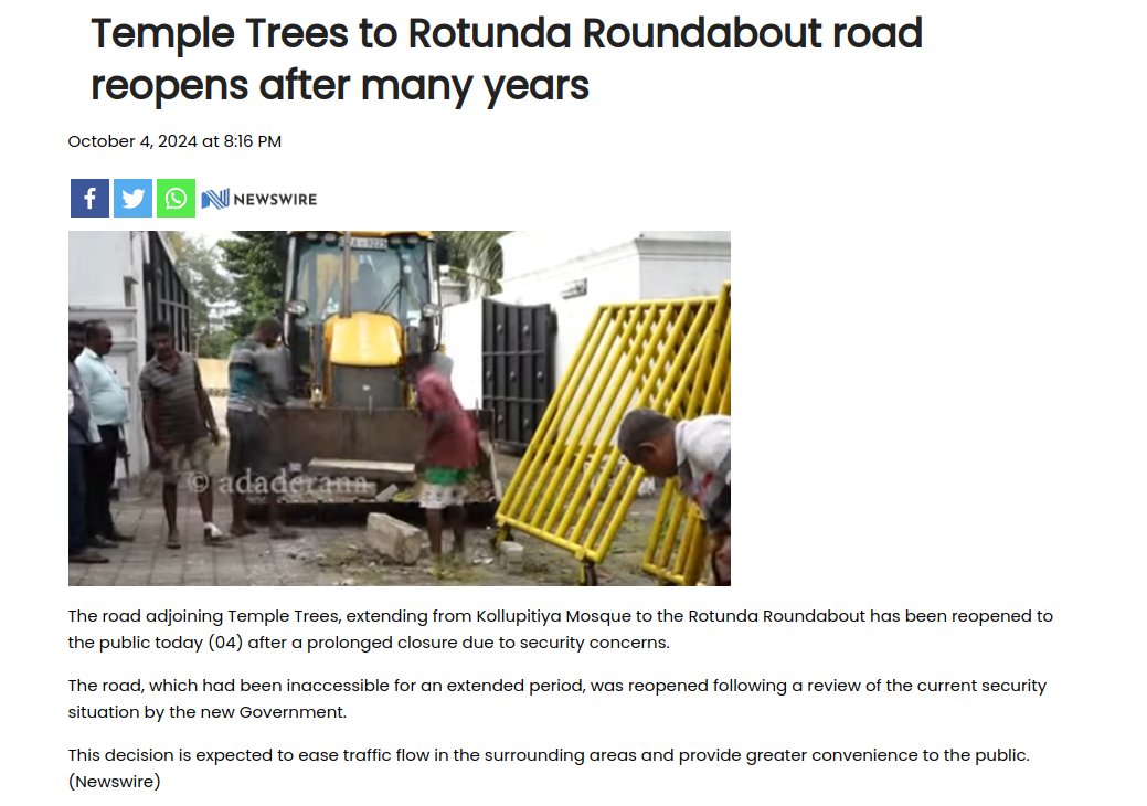 Yasas101's tweet image. The road from Temple Trees to Rotunda Roundabout has reopened after nearly 20 years, having been closed since 2005.

#AKD #Progress #SystemChange