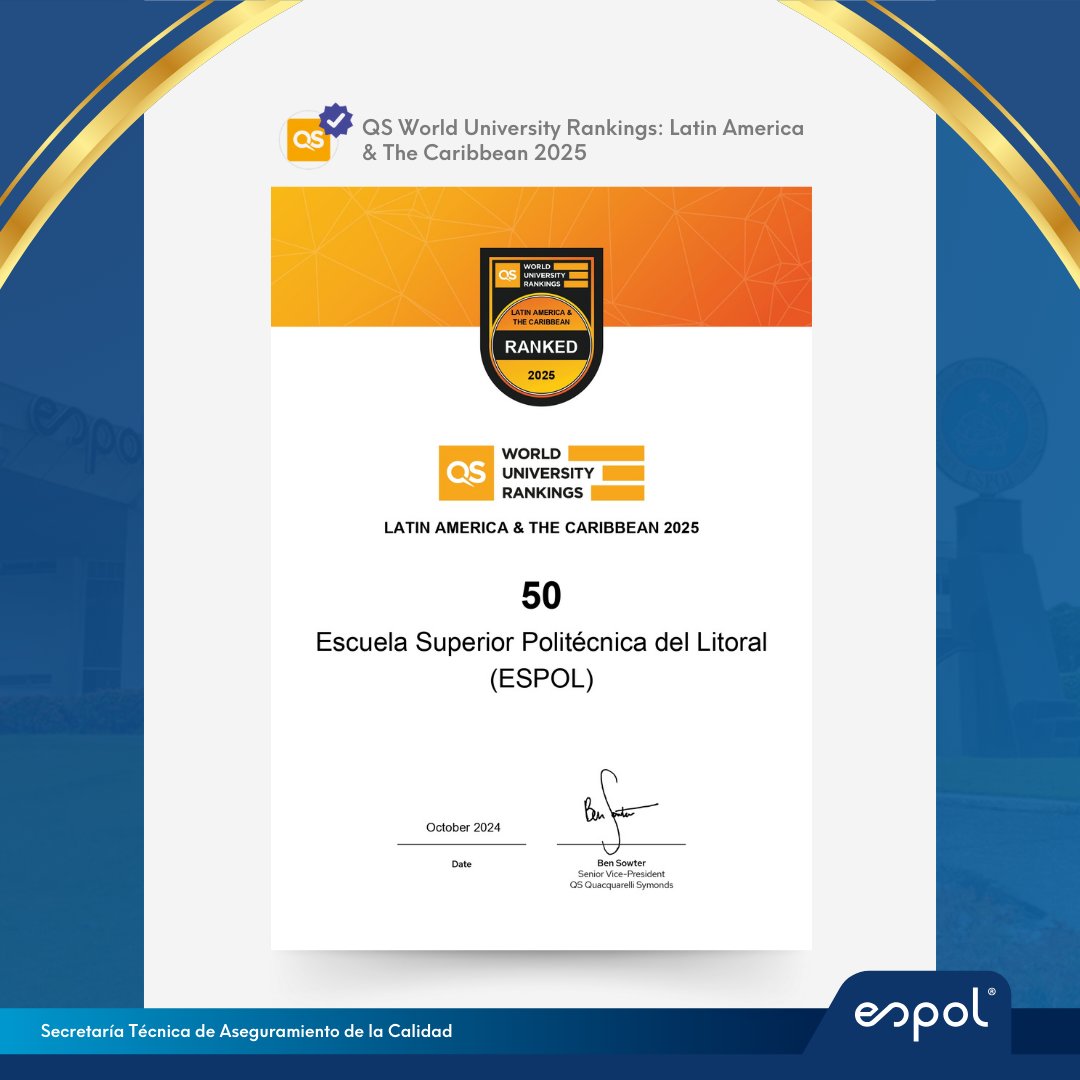 Somos la PRIMERA universidad pública de Ecuador 🇪🇨 en entrar al Top 50 del QS Latin America University Rankings 2025 🌟

En STAC celebramos este logro como resultado de nuestra mejora continua y estrategias para seguir escalando en los rankings ✨🔝
 #espol #topuniversities