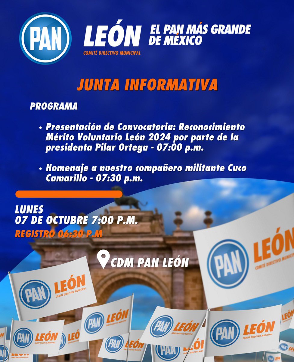 🔵Amigas y amigos militantes y simpatizantes PANistas, los esperamos este lunes 07 de octubre en nuestra tradicional Junta Informativa, desde el Comité Directivo Municipal del PAN León 💙🤍. 

¡No faltes! 🫶

#ElPANMásGrandeDeMéxico🍞💙