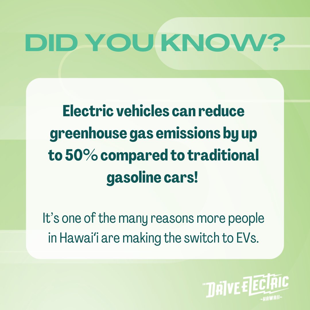 Did you know? 🌟🚗 Electric vehicles can reduce greenhouse gas emissions by up to 50% compared to traditional gasoline cars! It's one of the many reasons more people in Hawaiʻi are making the switch to EVs.

#NDEW2024 #HawaiiEVAssociation #DriveElectricHawaii
