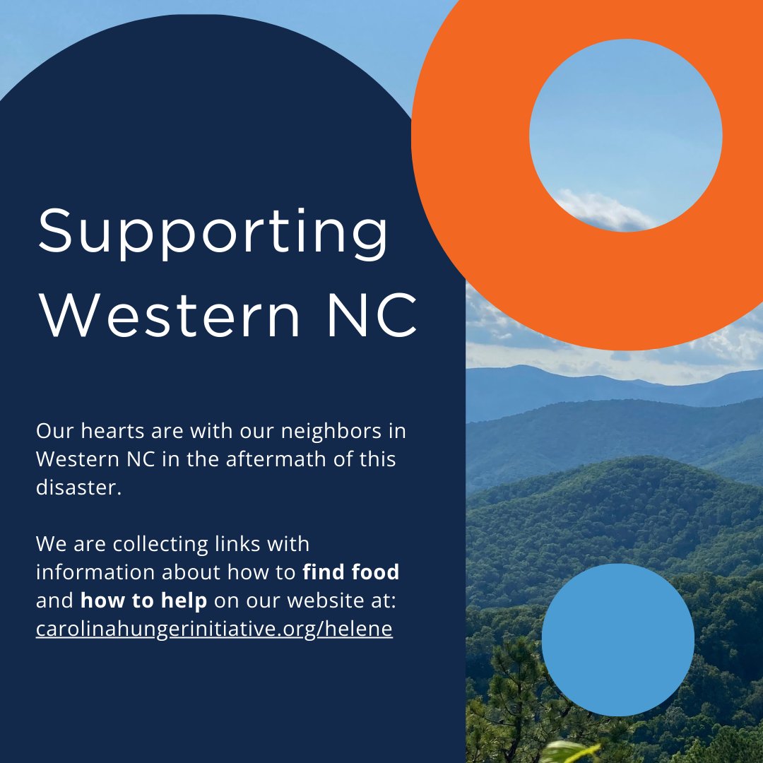 Our hearts are with our neighbors in Western NC in the aftermath of this disaster. Access to healthy food is more important than ever in an emergency. Thank you to those working on the ground to provide aid.

Links about how to find food and how to help at CarolinaHungerInitiative.org/Helene