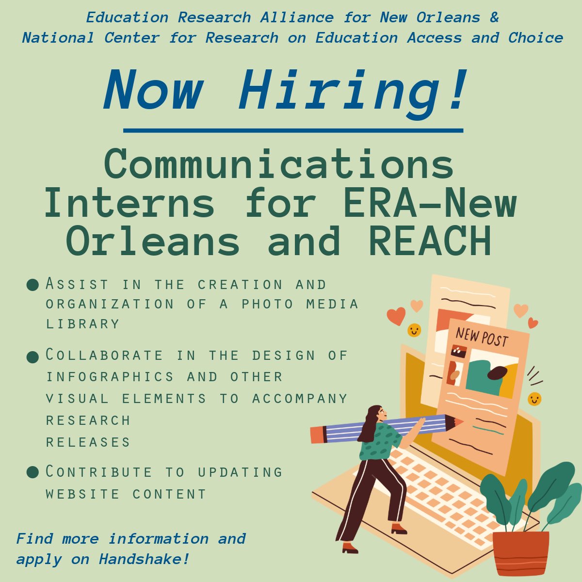 TUStudentJobs's tweet photo. Education Research Alliance for New Orleans and the National Center for Research on Education
Access and Choice are research initiatives at Tulane University. Both are hiring communications interns! Apply and find more information on Handshake!
 #studentjobs #tulanejobs https://t.co/WWpLhwsvug