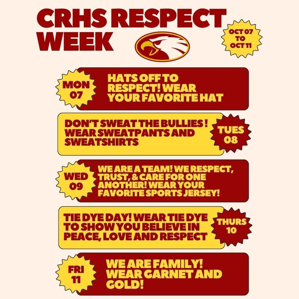 we_r_crhs's tweet image. There&apos;s no place like Central! At CRHS We Respect, Trust, and Care for one another! Help us celebrate Respect Week by participating in our daily themes!