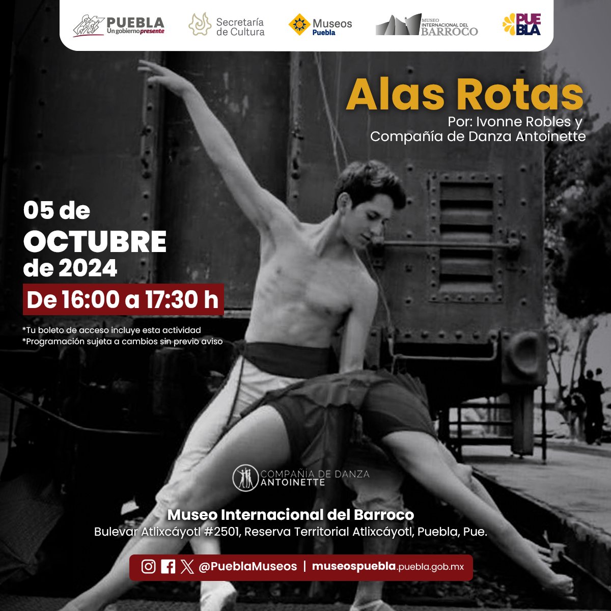 PueblaMuseos's tweet image. Recuerda que hoy se presenta 𝐀𝐥𝐚𝐬 𝐑𝐨𝐭𝐚𝐬, 𝐏𝐨𝐫: 𝐈𝐯𝐨𝐧𝐧𝐞 𝐑𝐨𝐛𝐥𝐞𝐬 𝐲 𝐂𝐨𝐦𝐩𝐚ñ𝐢𝐚 𝐝𝐞 𝐃𝐚𝐧𝐳𝐚 𝐀𝐧𝐭𝐨𝐢𝐧𝐞𝐭𝐭𝐞 en el Museo Internacional del Barroco 🩰🤩 ¡Un espectáculo imperdible, te esperamos!
#MuseosPuebla
#MIB
#Antoinette