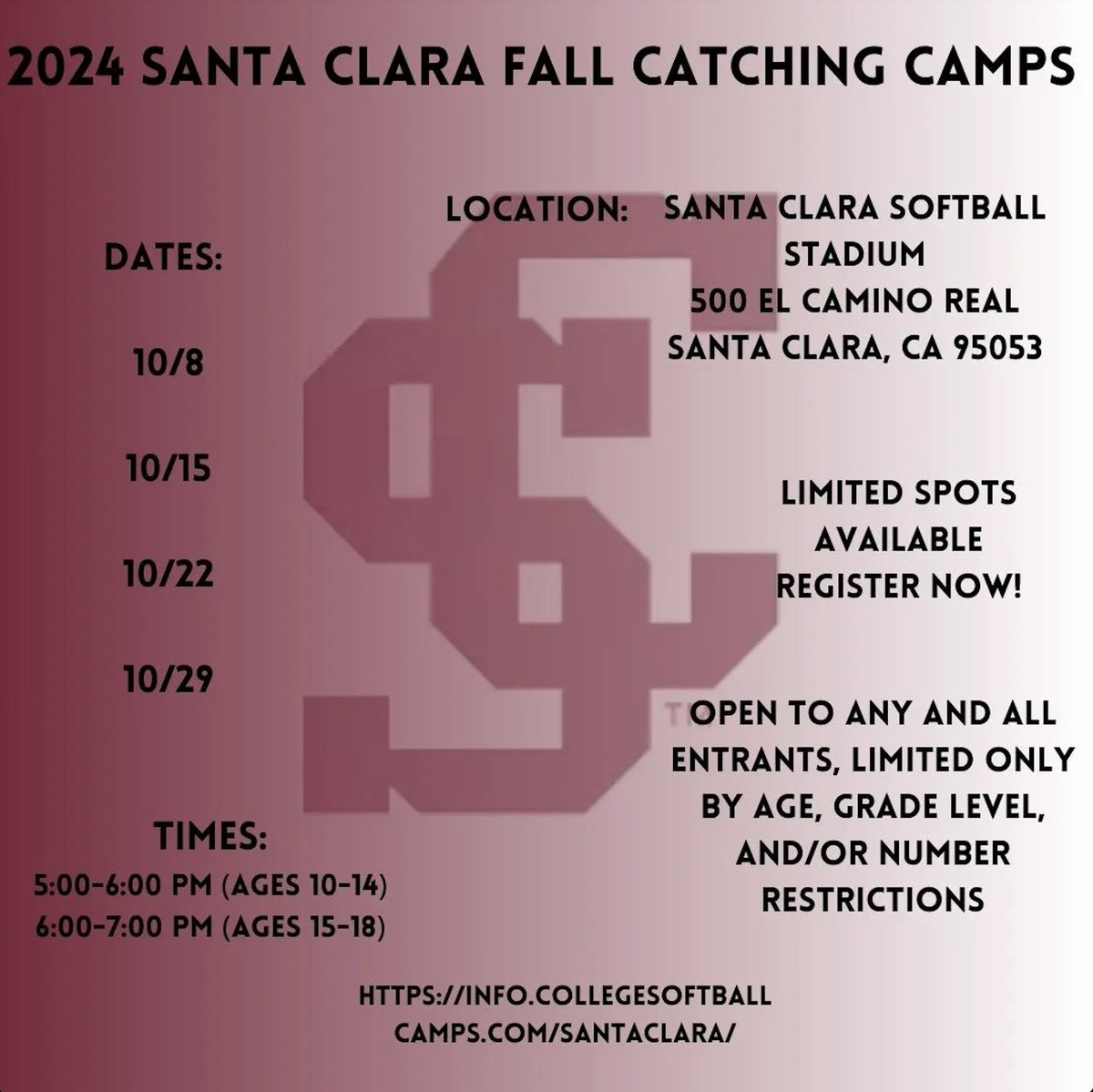 Camp Season is HERE ‼️ 

Sign up today for our hitting, pitching, or catching camps! 
info.collegesoftballcamps.com/santaclara/

#StampedeTogether