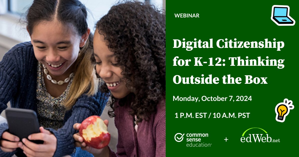 CommonSenseEd's tweet image. Join Lisa Highfill, a middle school teacher at Pleasanton Virtual Academy, &amp;amp; Dr. An Wren, an elementary educator, for an engaging edWeb in celebration of #DigCitWeek! Don&apos;t miss out—register today: home.edweb.net/webinar/common… #edweb