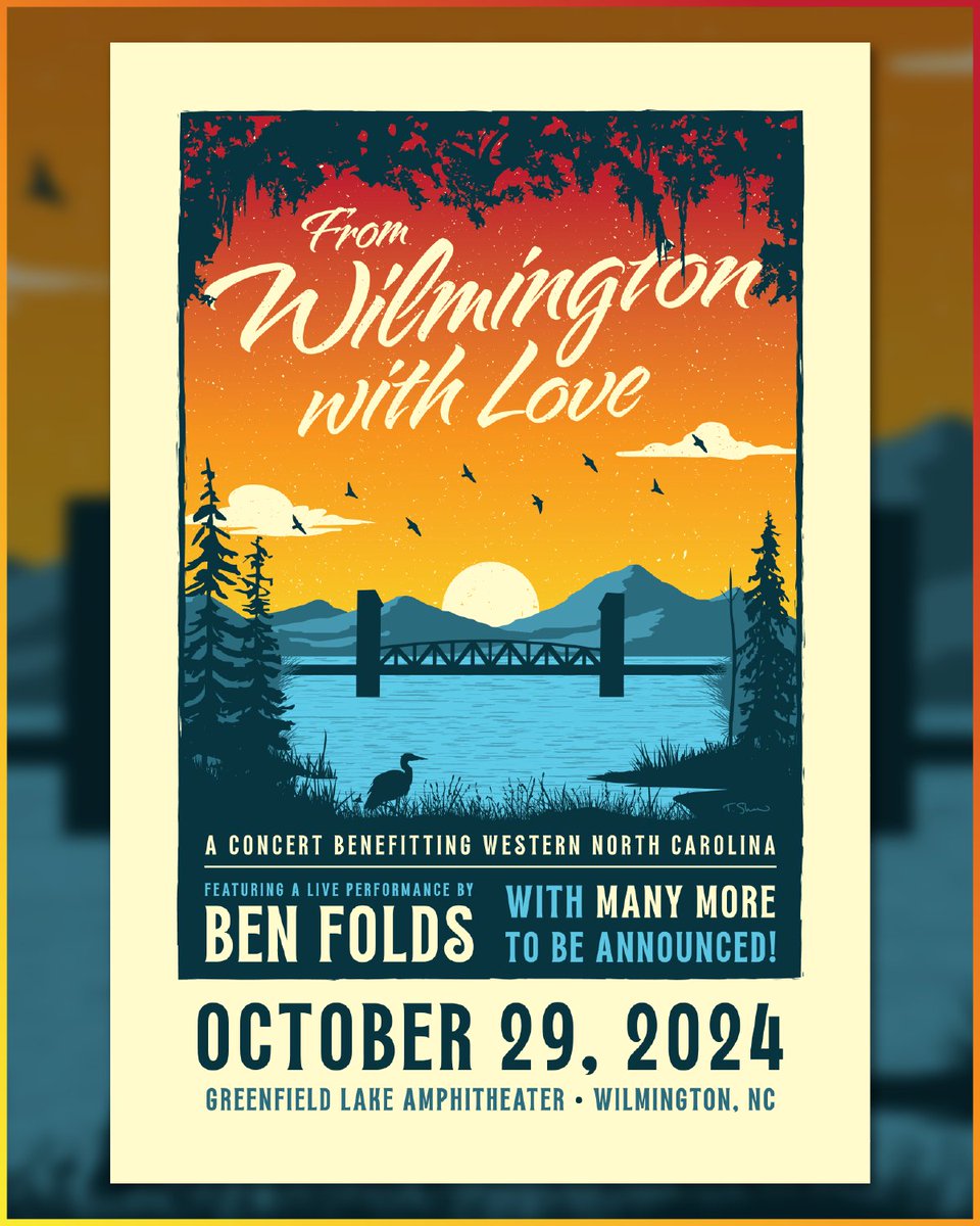 City of Wilmington, NC (@cityofwilm) on Twitter photo 🗓️SAVE THE DATE🗓️
We're excited to announce, "From Wilmington, With Love," a hurricane relief concert on Oct. 29 at 6:00 p.m. at Greenfield Lake Amphitheater featuring <a href="/BenFolds/">benjamin folds</a>, musicians from western North Carolina, and other special guests. 🗓️SAVE THE DATE🗓️
We're excited to announce, "From Wilmington, With Love," a hurricane relief concert on Oct. 29 at 6:00 p.m. at Greenfield Lake Amphitheater featuring <a href="/BenFolds/">benjamin folds</a>, musicians from western North Carolina, and other special guests.