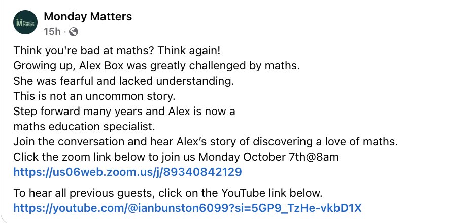 Looking forward to playing forward some of Maths Play's founding lessons and stories at this Monday Matters community talk

Free for the chat? Join via the link below on Mon 7 Oct <a href="/8am/">8am</a> (Melbourne time)
us06web.zoom.us/j/89340842129

#MTBoS #MathsPlay 

1/2