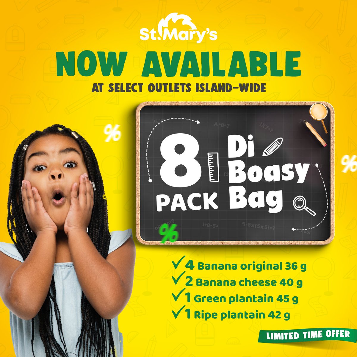 Can't get enough of your fave banana &amp; plantain chips⁉️ No worries, we've got the perfect fix👌🏾

Look out for #DiBoasyBag, our new 8-pk special - it's available at select outlets Island-wide 🙌🏾🙌🏾🙌🏾

#StMarySnacks #BoasyBag #StMarys #BananaChips #PlantainChips #Jamaica