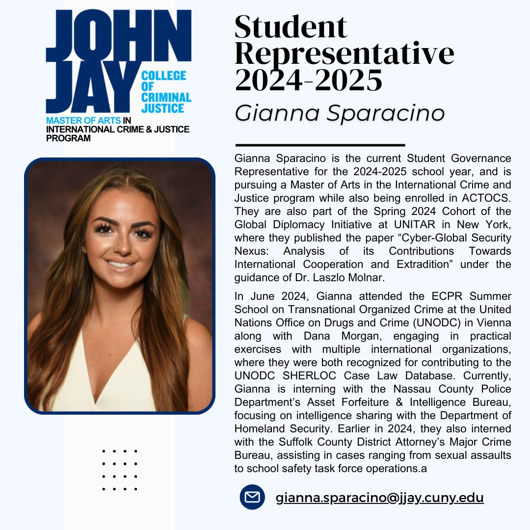 The IC&amp;J MA program is excited to welcome Gianna Sparacino as our new student representative for the 2024-2025 academic year! 🎉 Her passion for learning and leadership is a great addition to our team! Welcome!