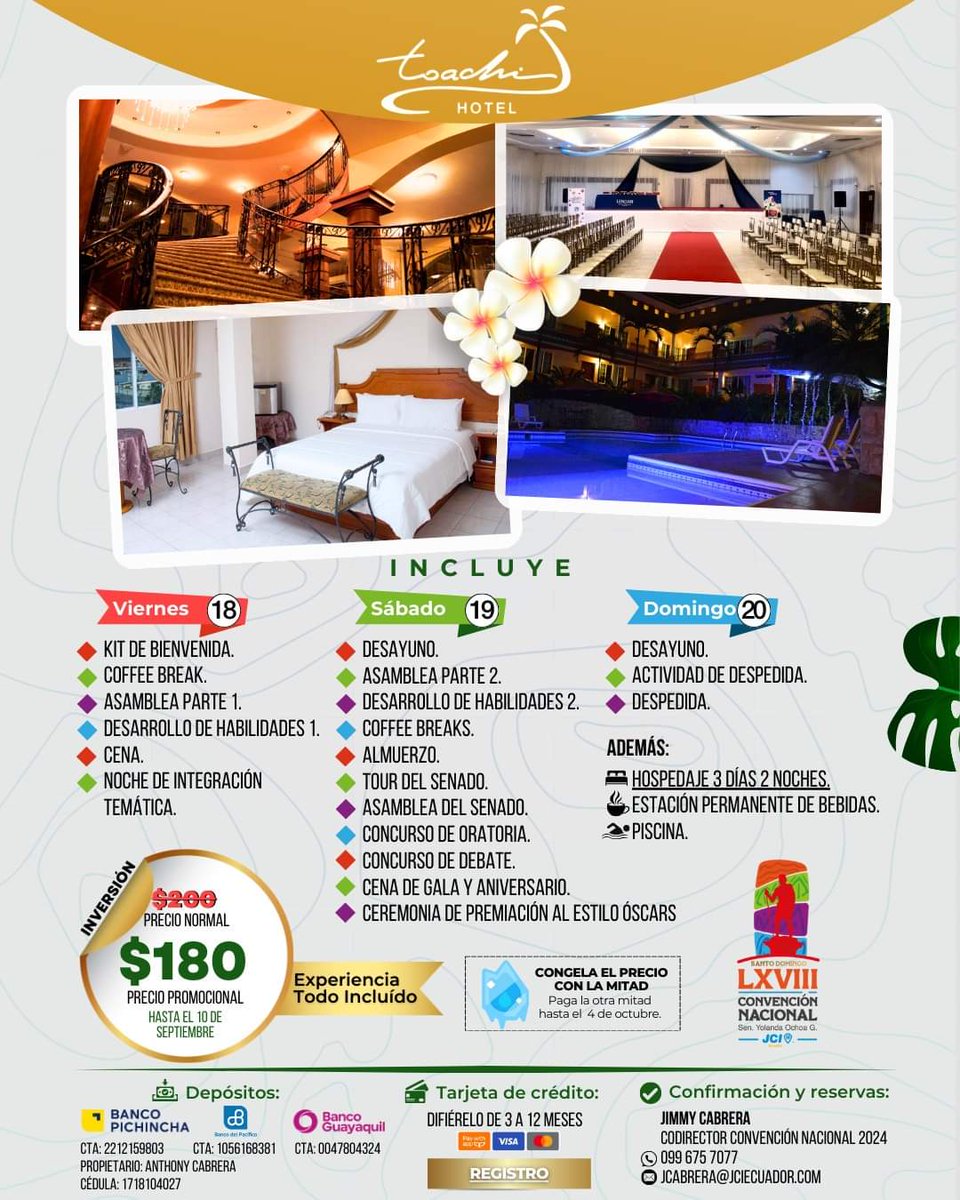 🌟 ¡La Convención Nacional #68 JCI Ecuador está aquí! 🌼

Incluye: Asamblea, talleres, concursos, gala y más. Hospedaje y actividades imperdibles. ¡Reserva tu lugar hoy!

🔗 Inscripción: forms.gle/GnsKYXuxbgEJ4y… 📲 Info: Jimmy Cabrera 099 675 7077

#JCIEcuador #JCISantoDomingo