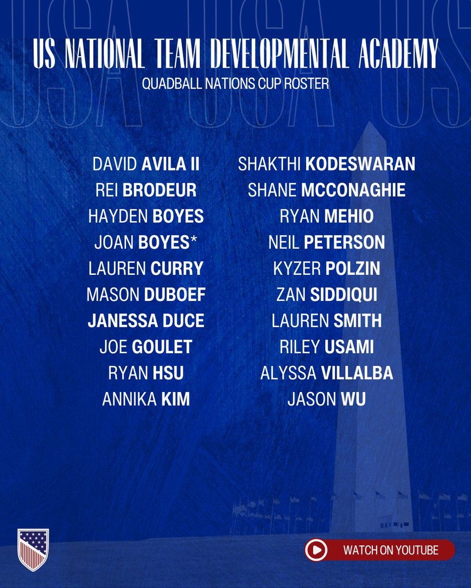 USA 🫡

* Joan Boyes is not a member of the USNTDA, however, due to an unexpected injury last week to a rostered player and her presence at the tournament, she will be joining injury reserve. There were additional USNTDA athletes offered roster spots that were unable to attend.