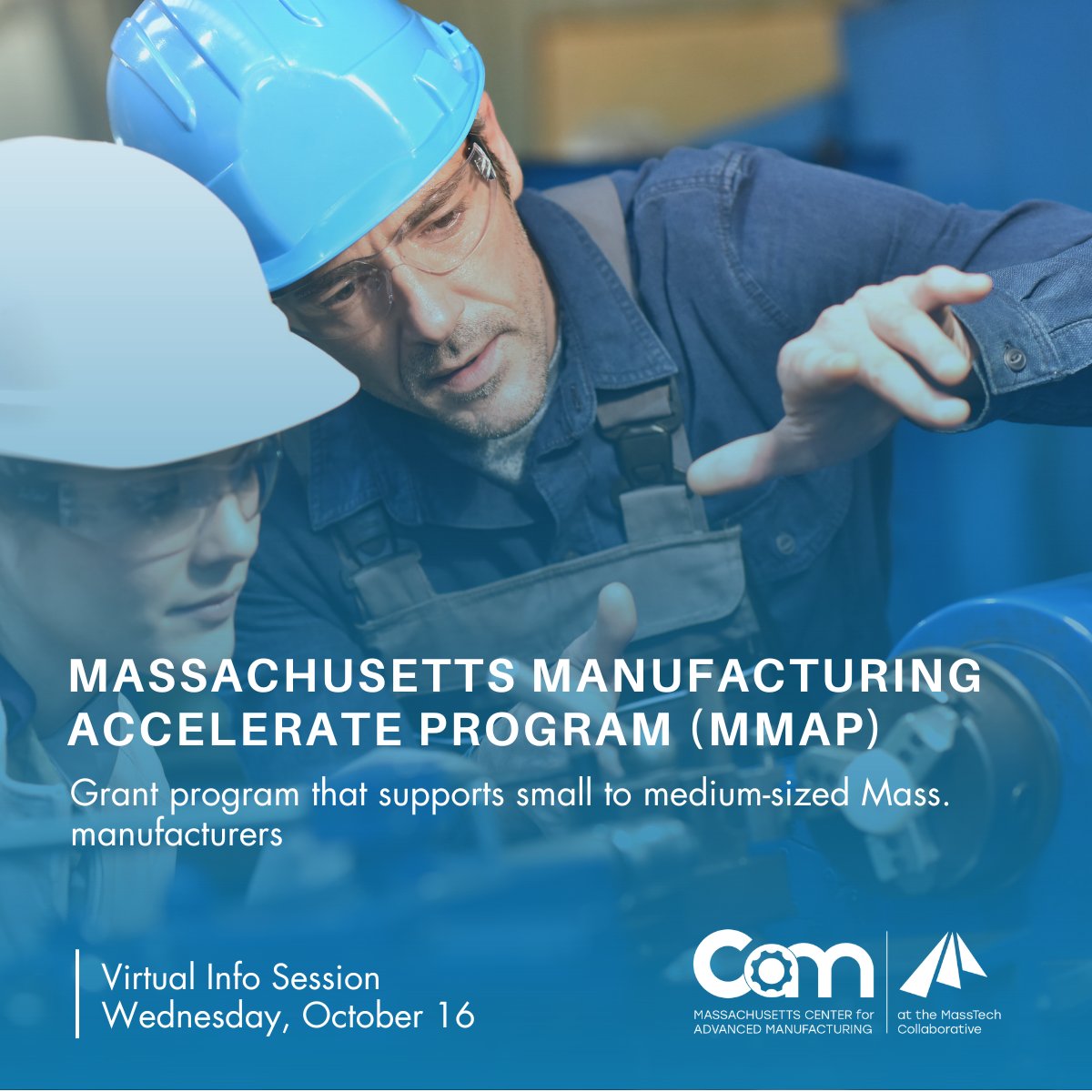 Mass_Tech's tweet photo. MMAP is back! Small to medium MA manufacturers can apply for funding up to $200K through the CAM's Massachusetts Manufacturing Accelerate Program (#MMAP). 

Register for the info session, Wednesday, 10/16.  
https://t.co/xG2J4IqlCN. #MadeinMA #Manufacturing #MFGDay24 https://t.co/9jplM3WbaD