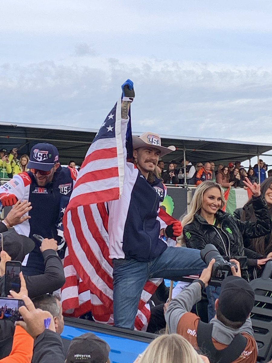 USA Motocross of Nations rider Aaron Plessinger waving the flag at Nations parade to start the weekend. <a href="/FIM_live/">FIM</a> <a href="/mxgp/">MXGP</a>