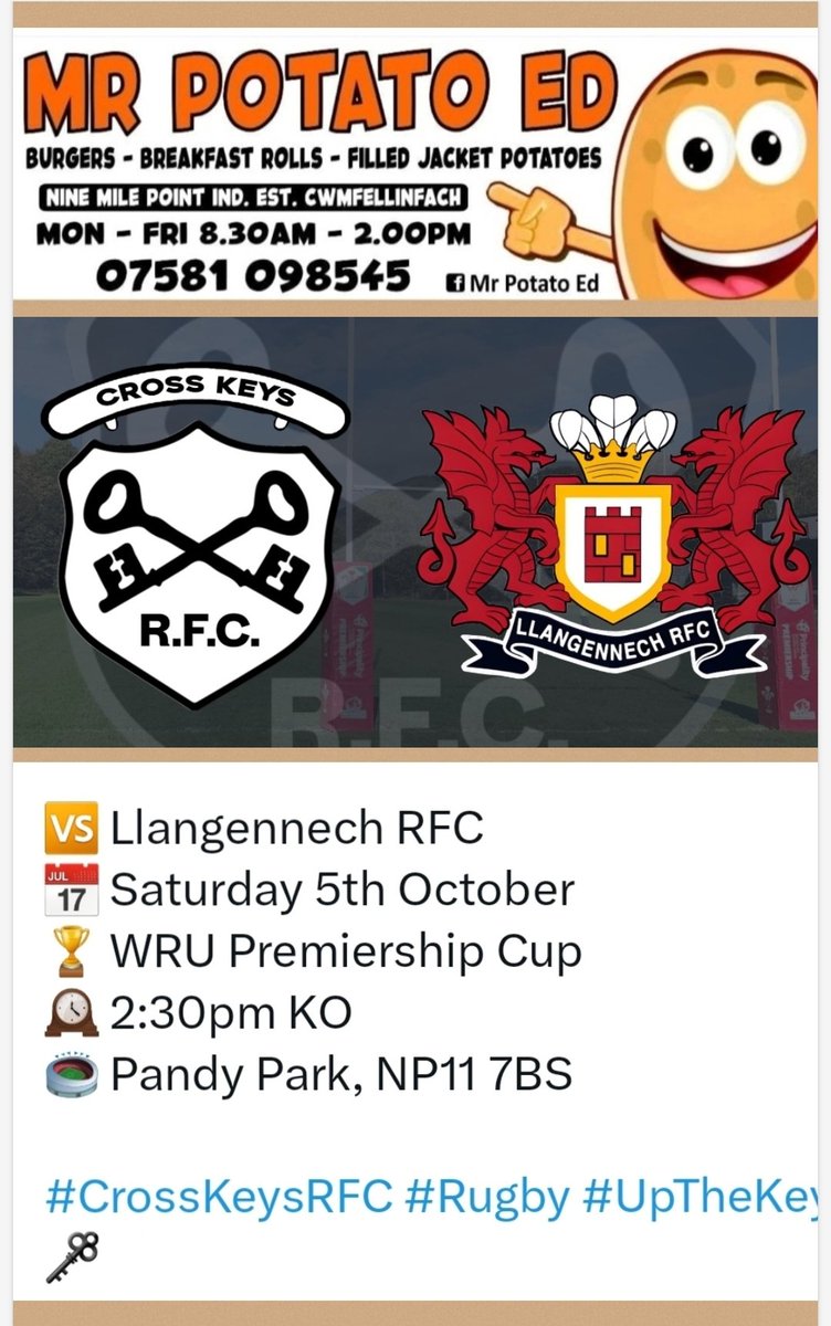 <a href="/crosskeysrfc/">Cross Keys RFC</a> - Saturday 5 Oct - 2.30pm